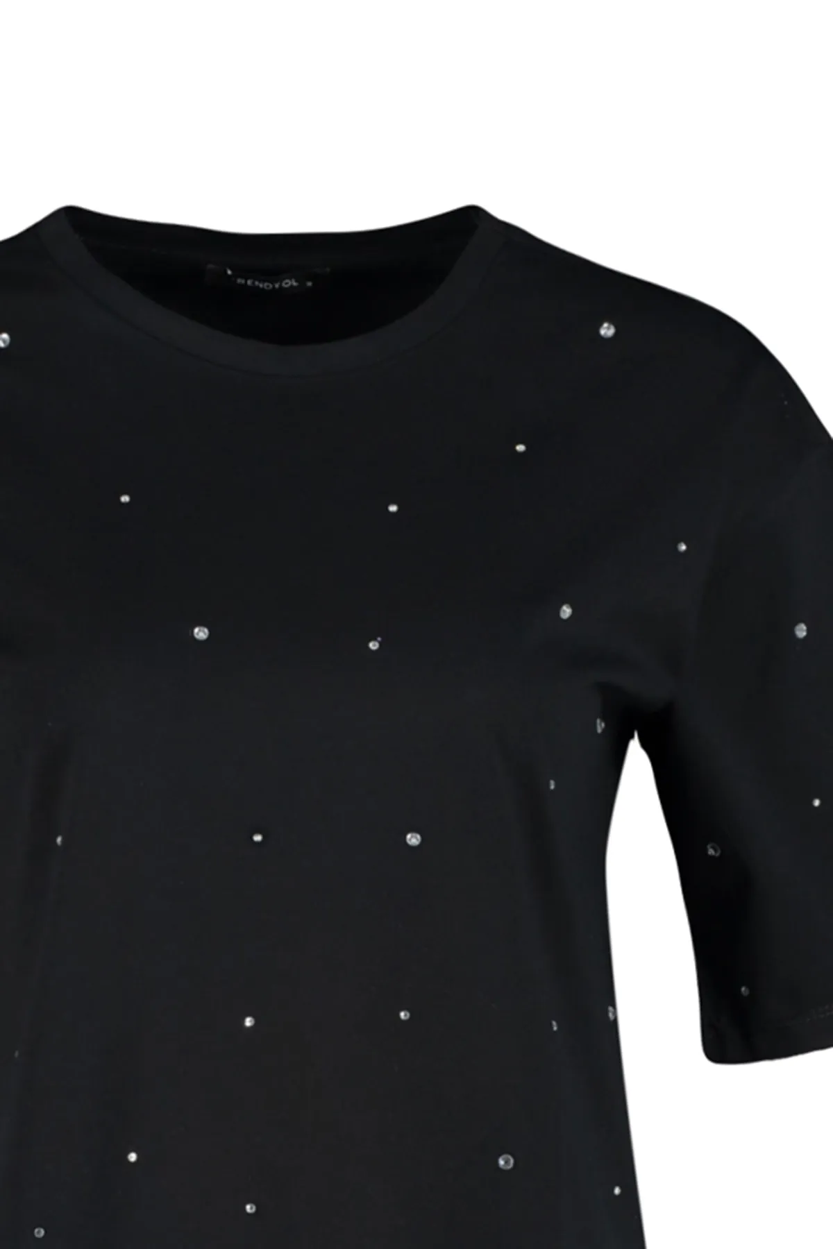 Trendyol Collection  Schwarzes Stone-detailliertes, entspanntes/weites, entspannt geschnittenes Strick-T-Shirt mit Rundhalsausschnitt TWOSS23TS00153
