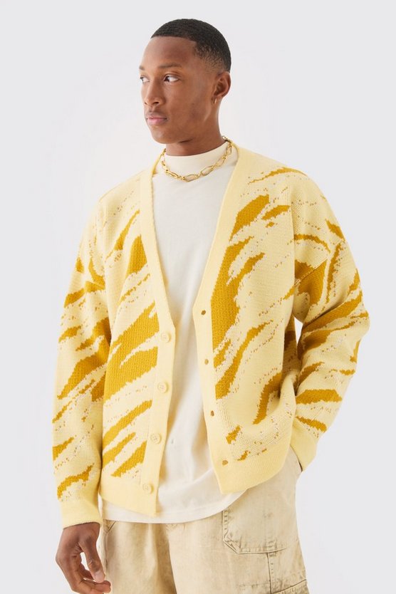 Kastiger Oversize Jacquard-Cardigan mit abstraktem Print