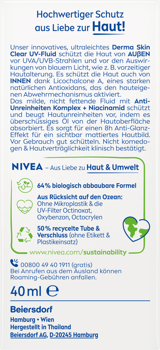 Sonnenfluid Gesicht derma skin clear UV Fluid mit Niacinamid, LSF 50+, 40 ml