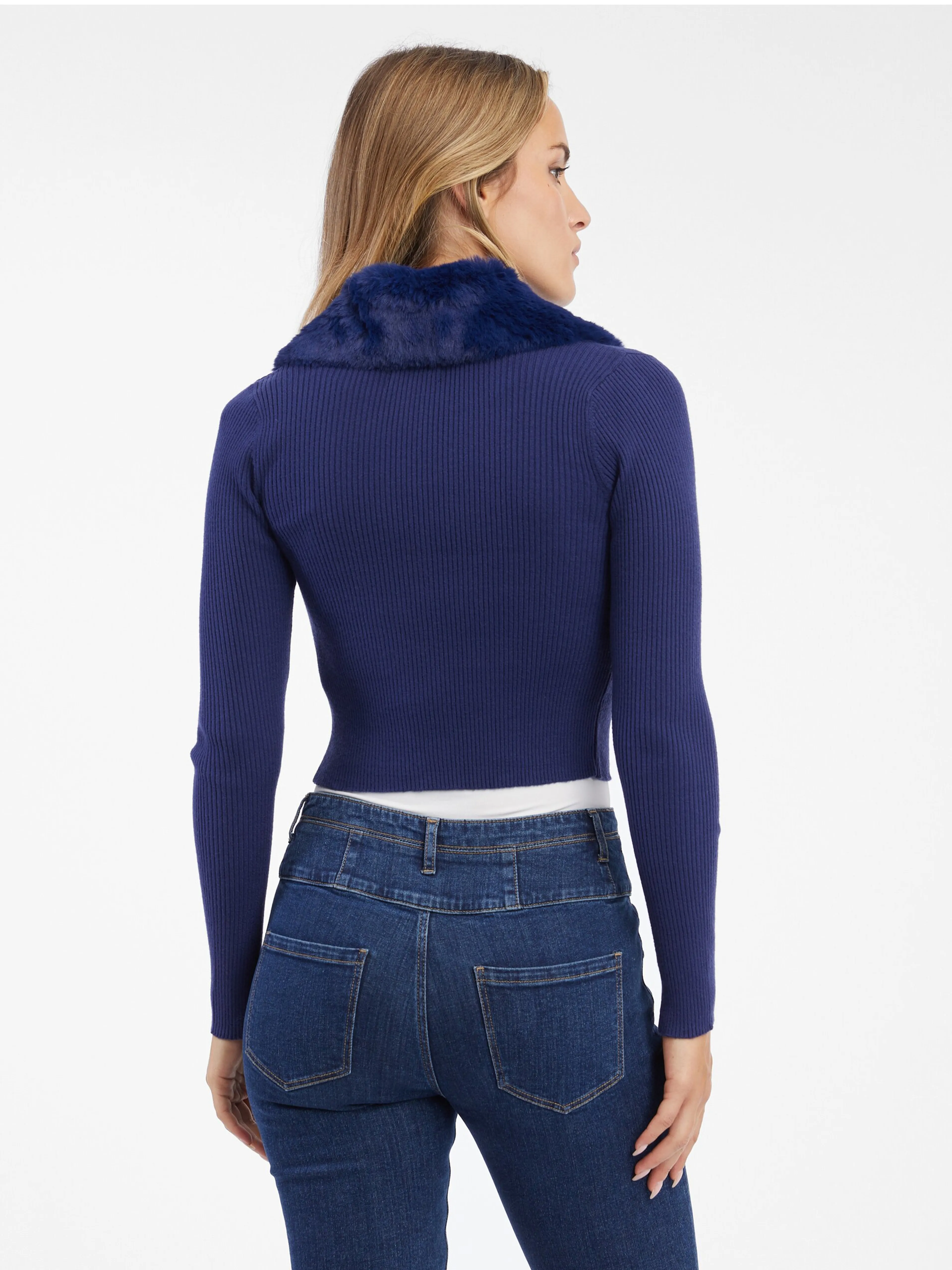 Blaue Damen-Strickjacke mit Kunstpelz ORSAY