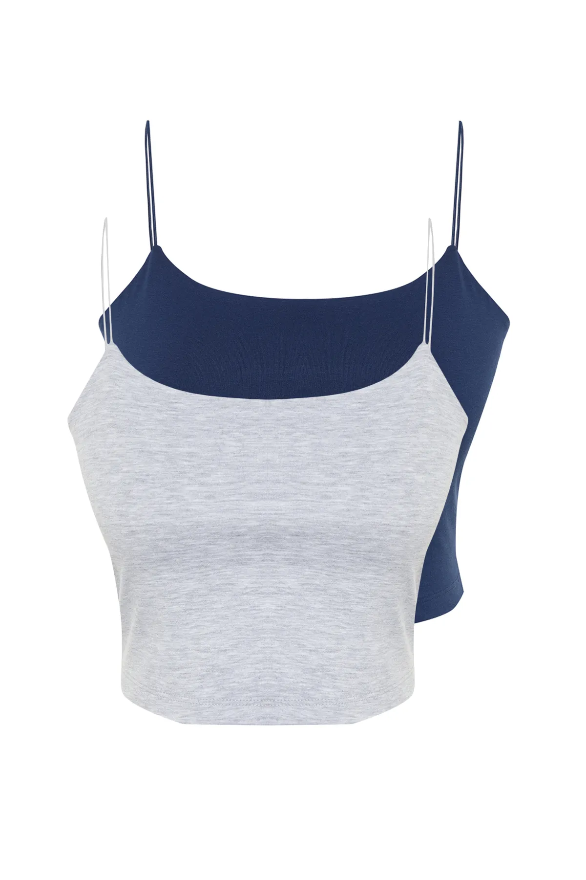 Trendyol Collection  Marineblau-Hellgrau-Melange, 2er-Pack Baumwoll-Tanktops mit Spaghettiträgern und flexiblem Strickmuster TWOSS21AL0196