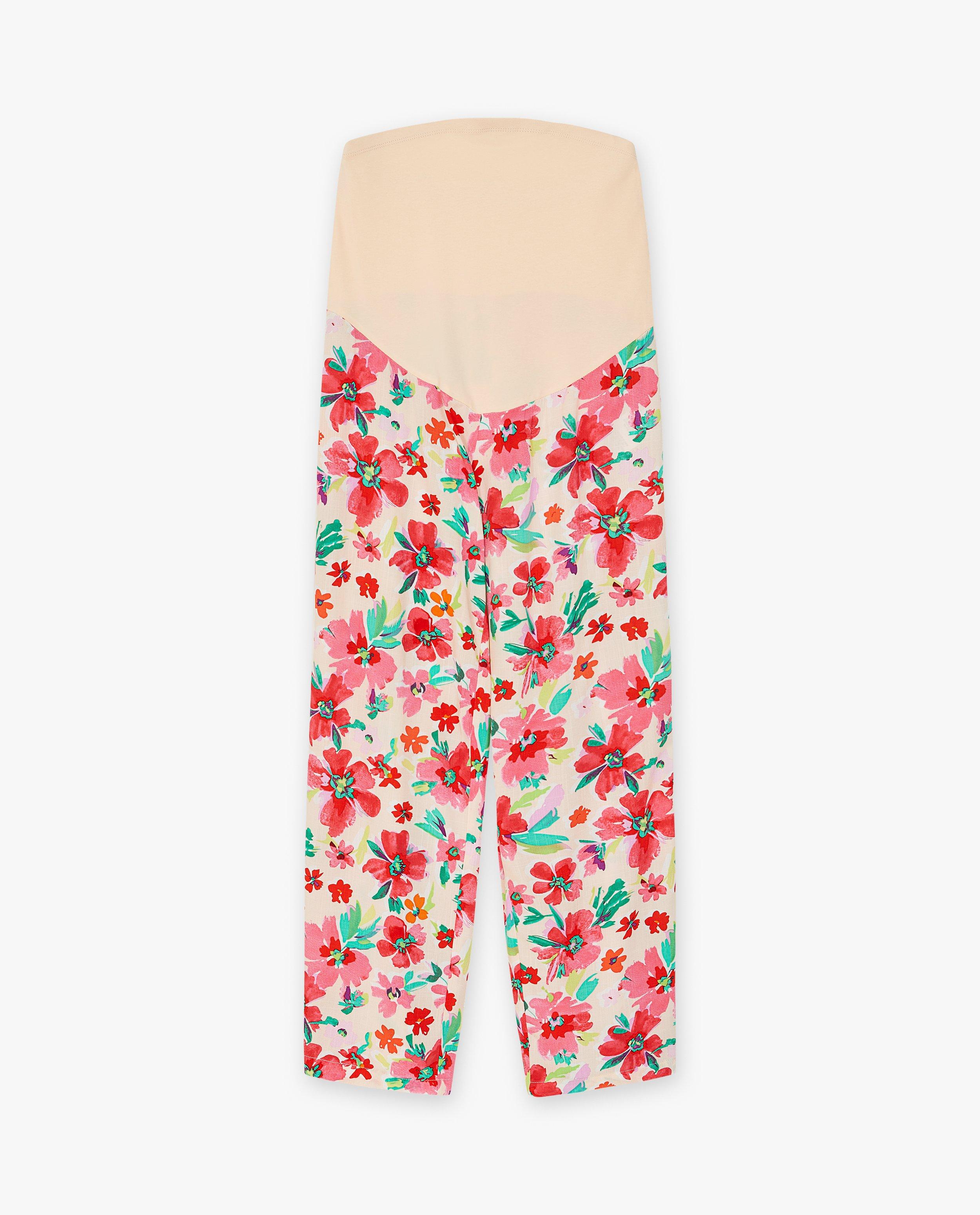Pantaloni Atelier Maman Maternity cu imprimeu floral, croială largă, roz deschis