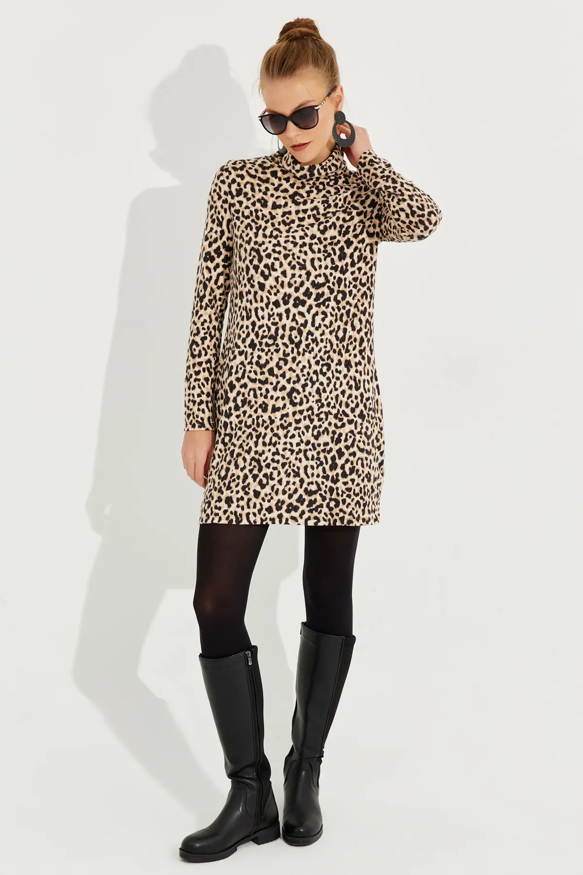 Cool & Sexy  Kamelschwarzes, weiches Leoparden-Minikleid für Damen AYD253