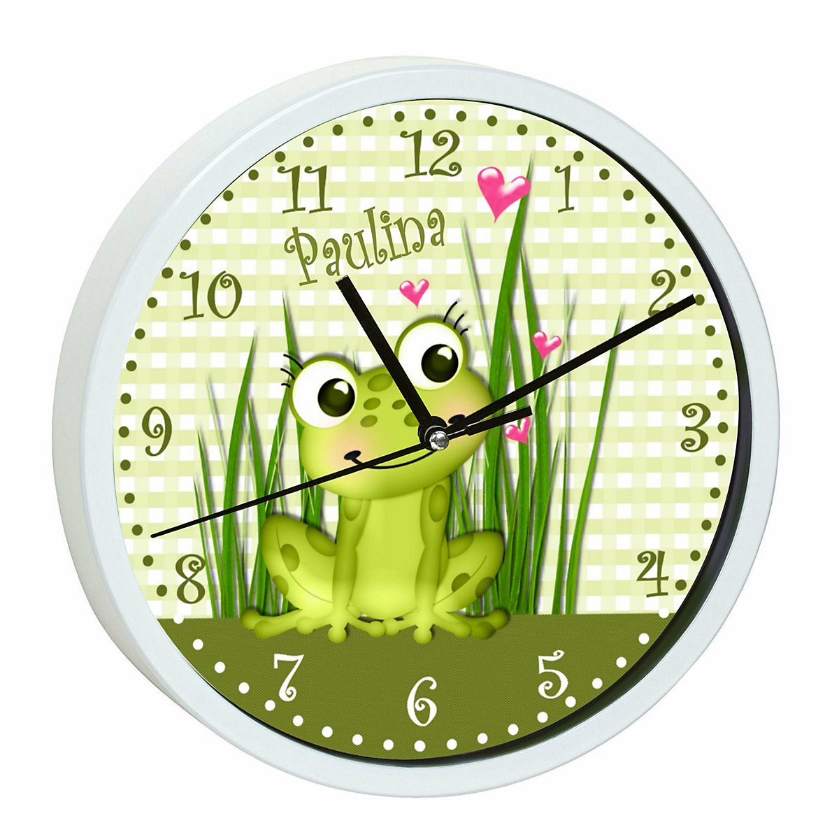 Kinder Wanduhr laufruhig personalisiert mit Name Frosch-Graß-Karo