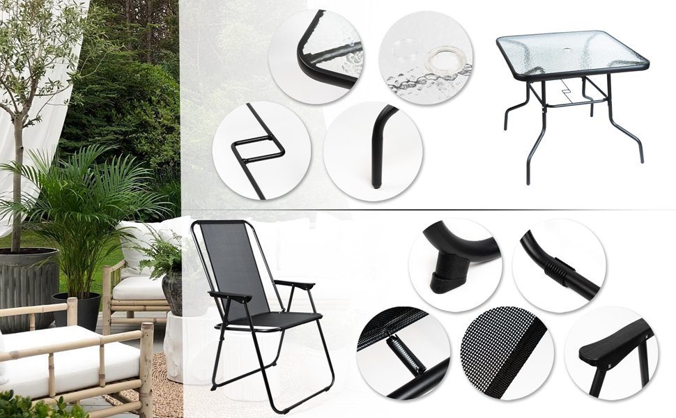 JINPALAY Gartenlounge-Set mit 4 Gartenstühle, 1 Tisch aus Glas, 1 Sonnenschirm, (6-tlg)