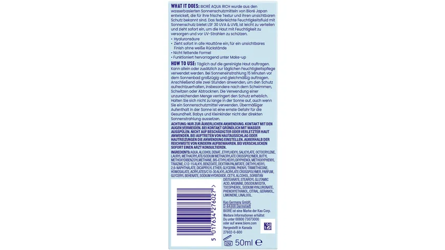 BIORÉ Aqua Rich UV Leichtes Feuchtigkeitsfluid LSF30 50 ml