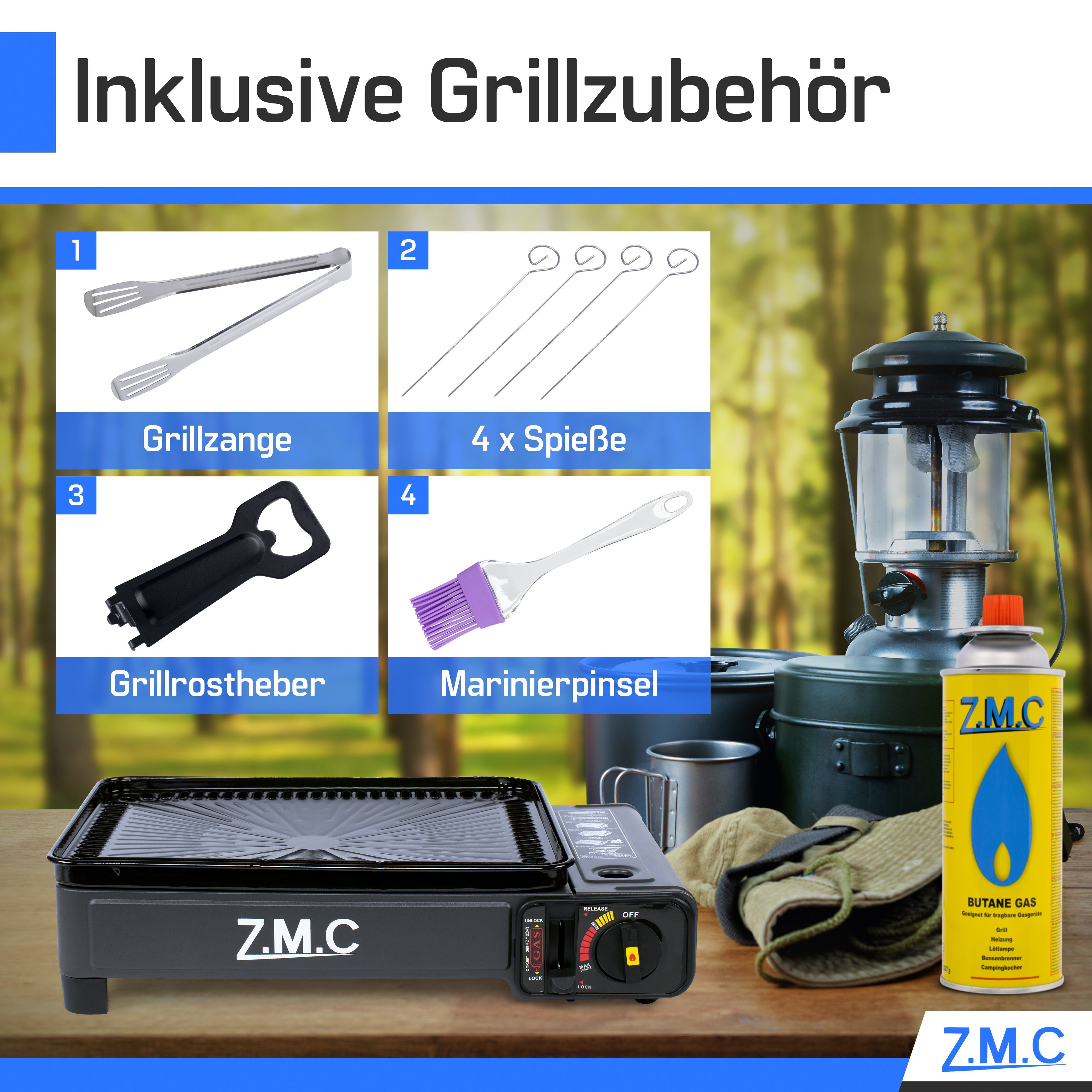 ZMC Gaskocher 2-in-1 Gaskocher inkl. Zubehör einflammiger Camping-Kocher, (mit Grillplatte + Grillrost, stufenlos regulierbar, Tischgrill), mit Tragekoffer, 3,8kg, Piezo-Zündung Wärmeleistung: 2,2KW
