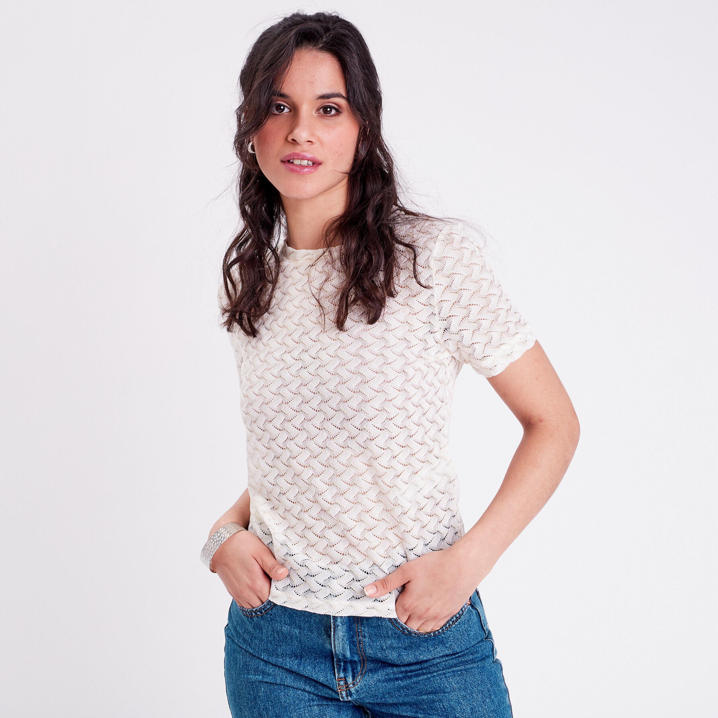 T-shirt avec manches courtes ecru femme | Cache Cache