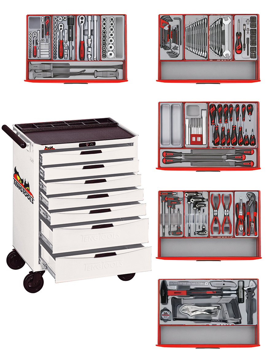 Wózek narzędziowy Teng Tools 122390170 TCMM259NW, biały, mini zestaw główny, 7 szuflad