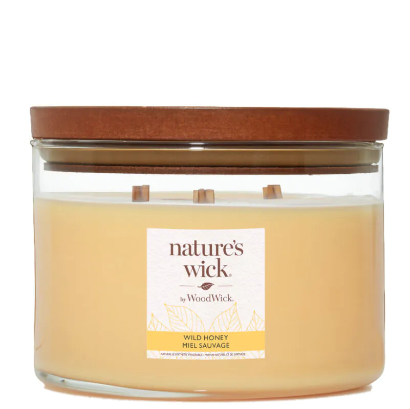 Woodwick Natures Wick свећа у стаклу са 3 дрвена фитиља, дивљи мед