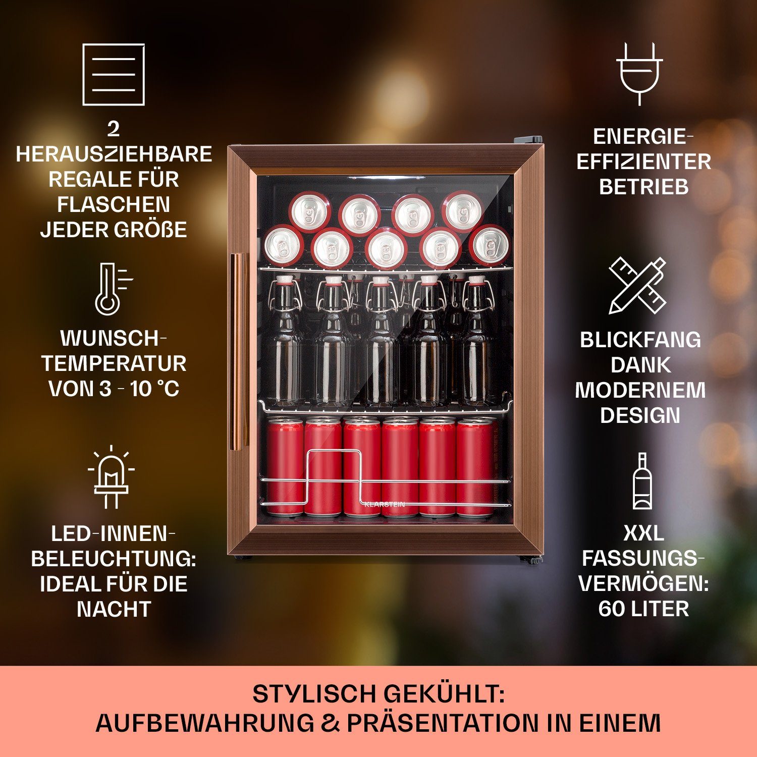 Klarstein Getränkekühlschrank HEA-Beersafe-XL-copp 10041891, 63 cm hoch, 47 cm breit, Bierkühlschrank Getränkekühlschrank Flaschenkühlschrank mit Glastür