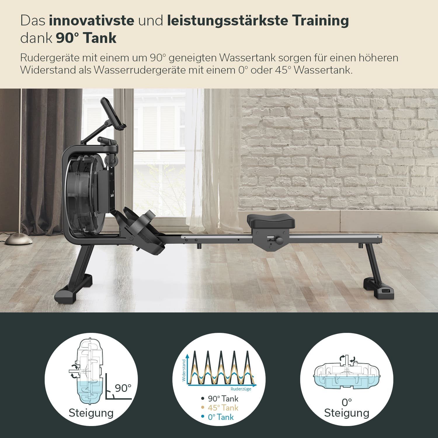 Skandika Rudergerät Mora Wasserrudergerät, mit Wasserwiderstand, Kinomap App, Bluetooth, Computer, aufstellbar