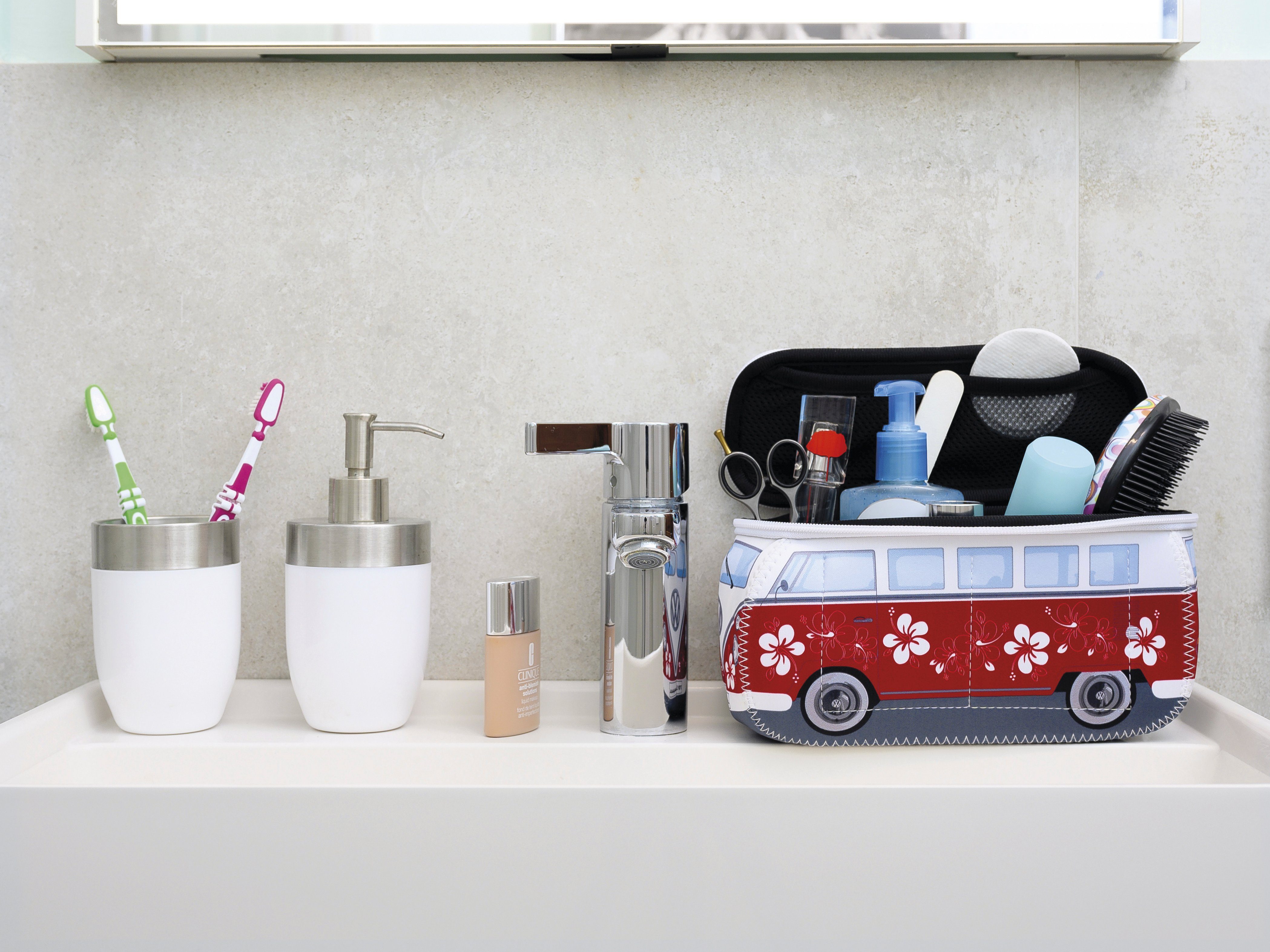 VW Collection by BRISA Kulturbeutel Volkswagen Neopren Schminktasche, Reisebeutel, funktionale Kosmetiktasche im T1 Bulli Bus Design, 23x11x8 cm