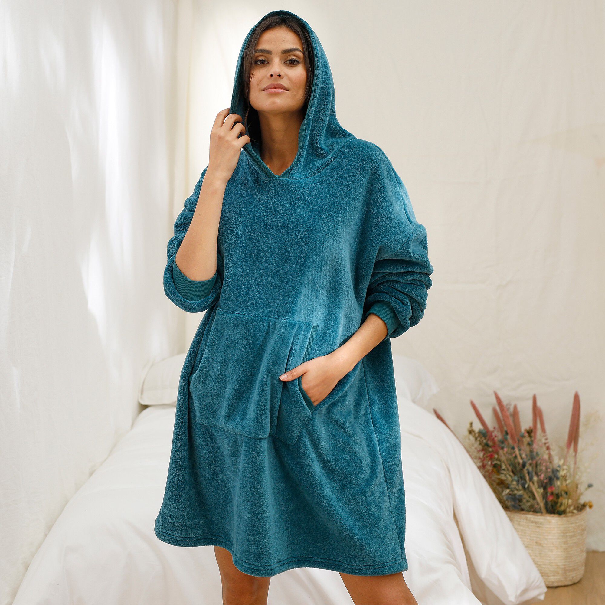 Sweat oversize unisexe, polaire peluche bleue