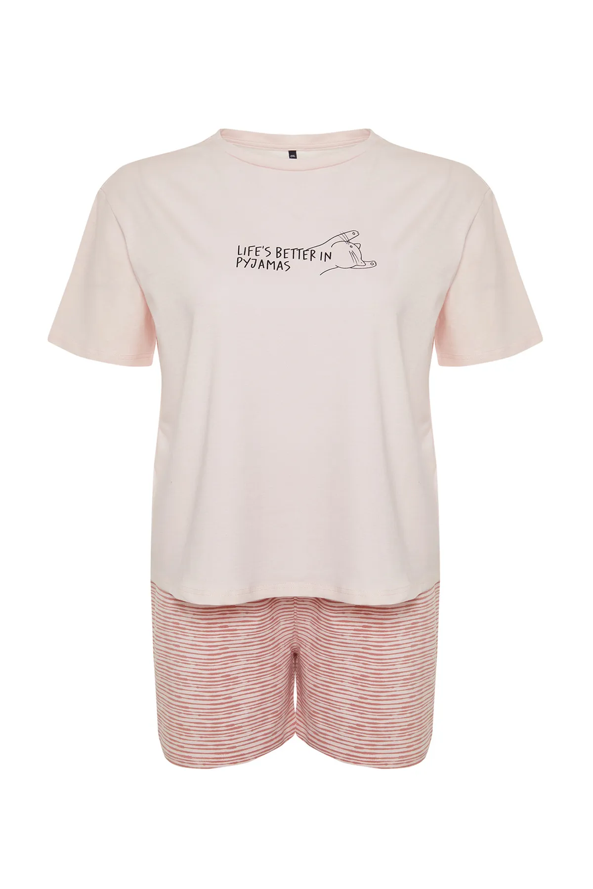 Trendyol Curve  Puderfarbenes Pyjama-Set aus Strick mit Streifen und Slogan-Aufdruck TBBSS24AI00020