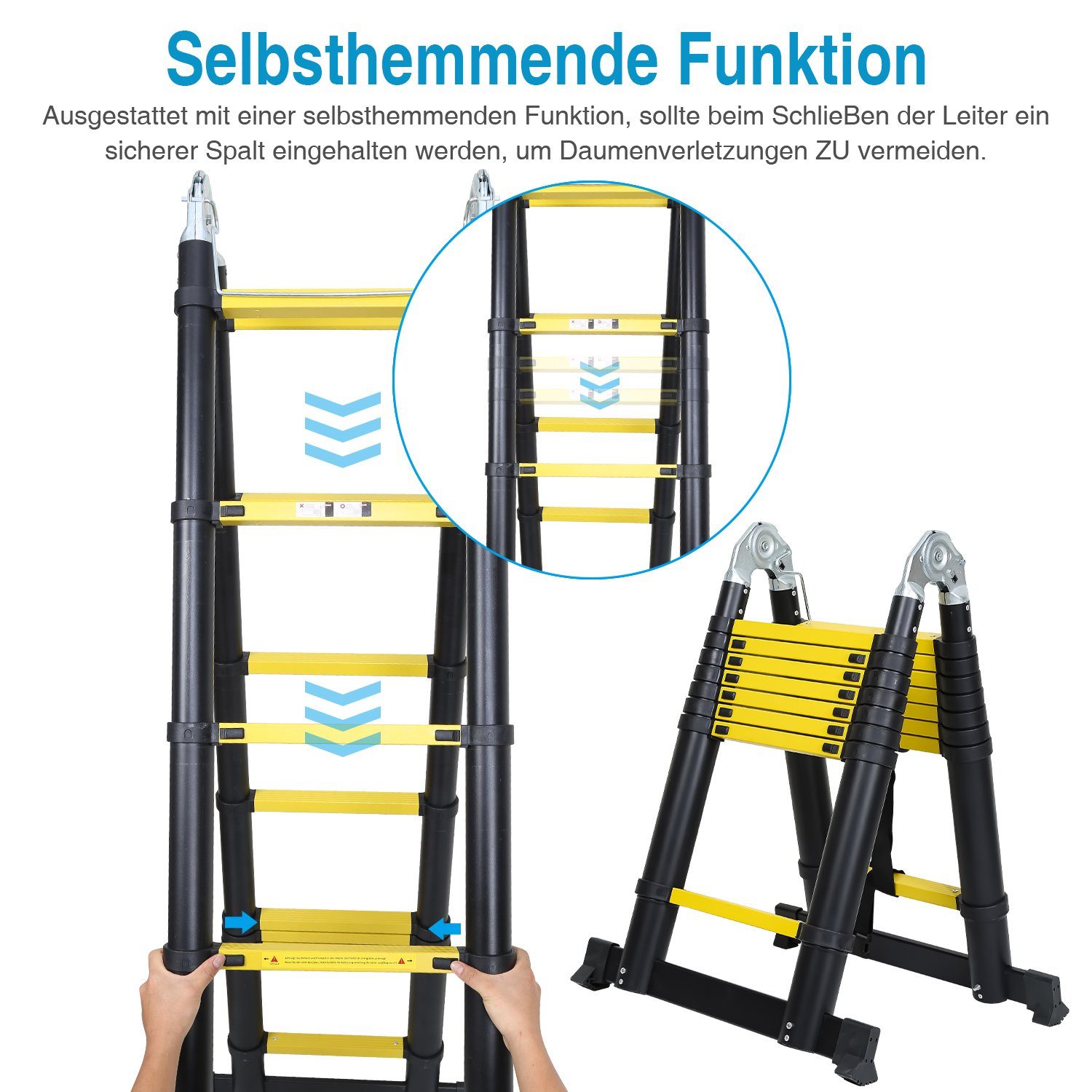 Yakimz Teleskopleiter Teleskopleiter Alu 1.9+1.9m Ausziehleiter Anlegeleiter Silber klappbar