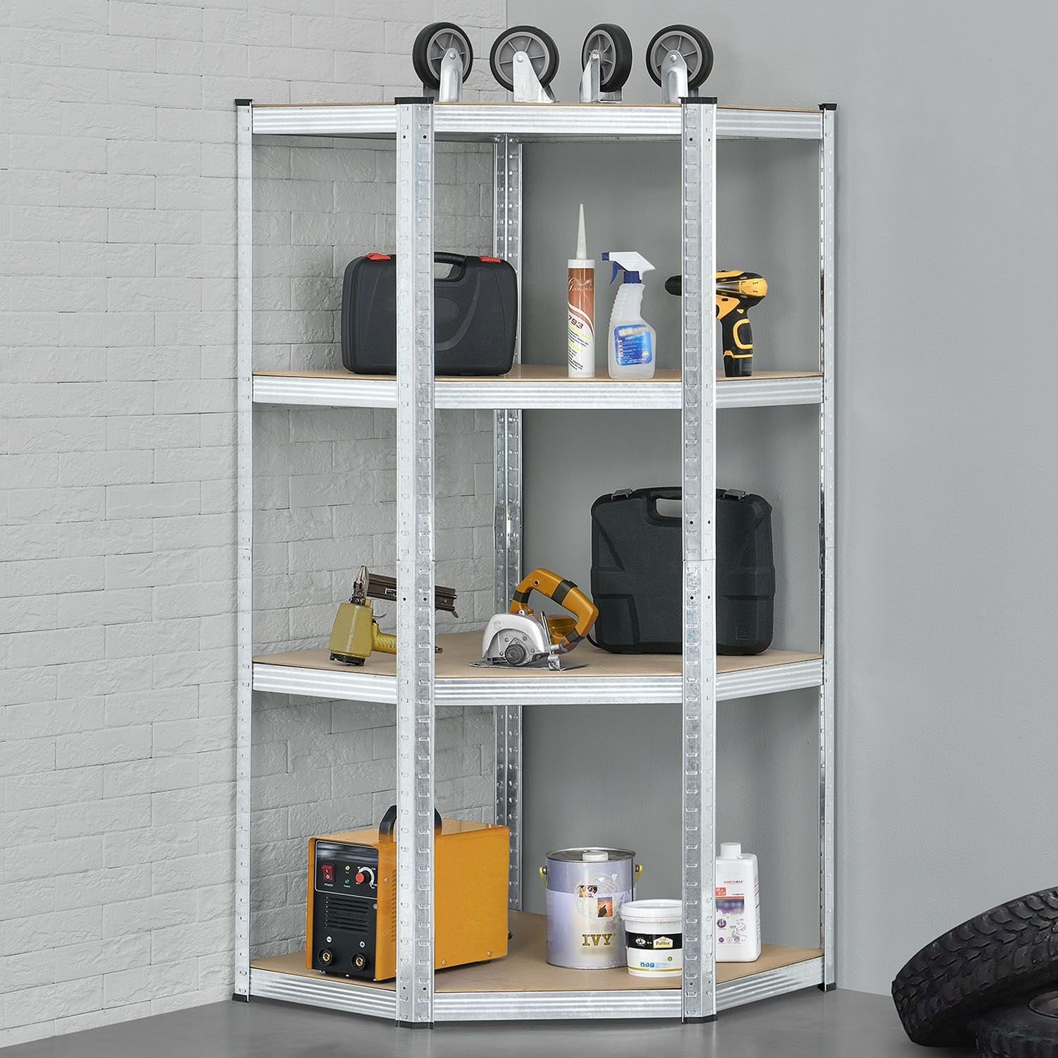 Juskys Eckregal Corner Easy, 1-tlg., Schwerlastregal aus verzinktem Metall mit 4 Einlegeböden