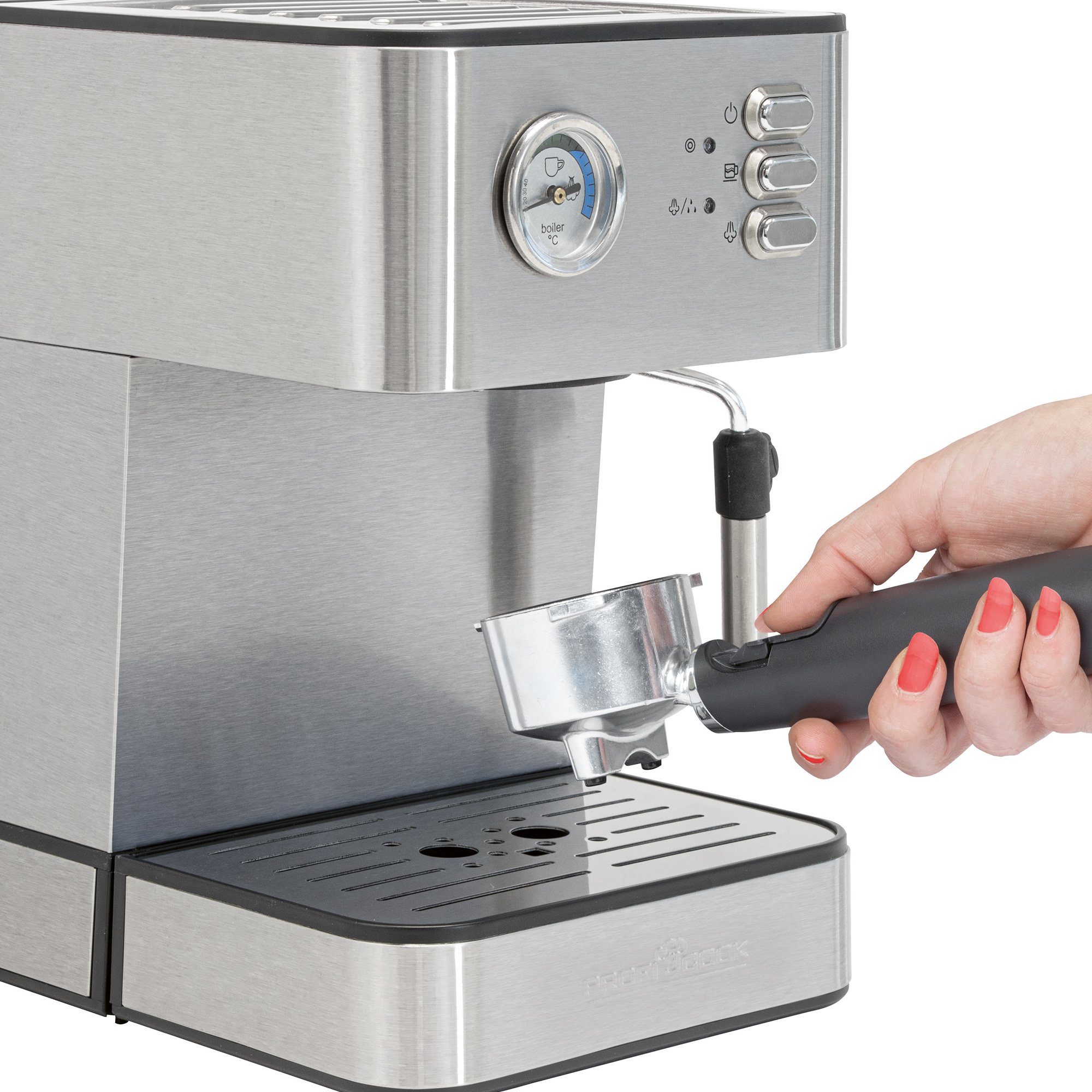 ProfiCook Espressomaschine PC-ES 1209, Alu-Druckguss-Siebträger, Profi-Espressopumpe, Aufschäumfunktion