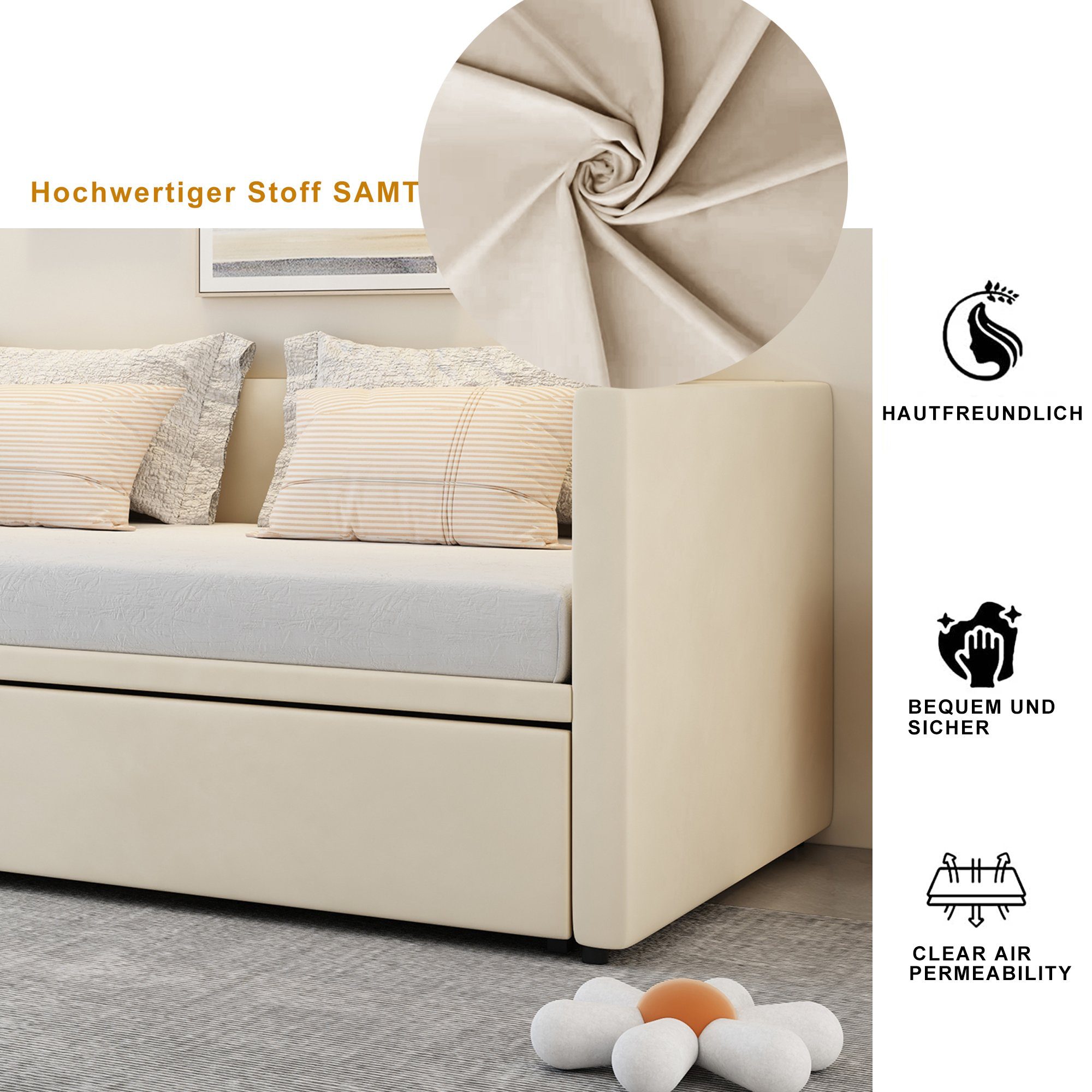 HAUSS SPLOE Polsterbett Tagesbett Polsterbett Kinderbett Schlafsofa Ausziehbares Schlafsofa (mit Lattenrosten, 90/180*200 cm), Samtstoff, ohne Matratze
