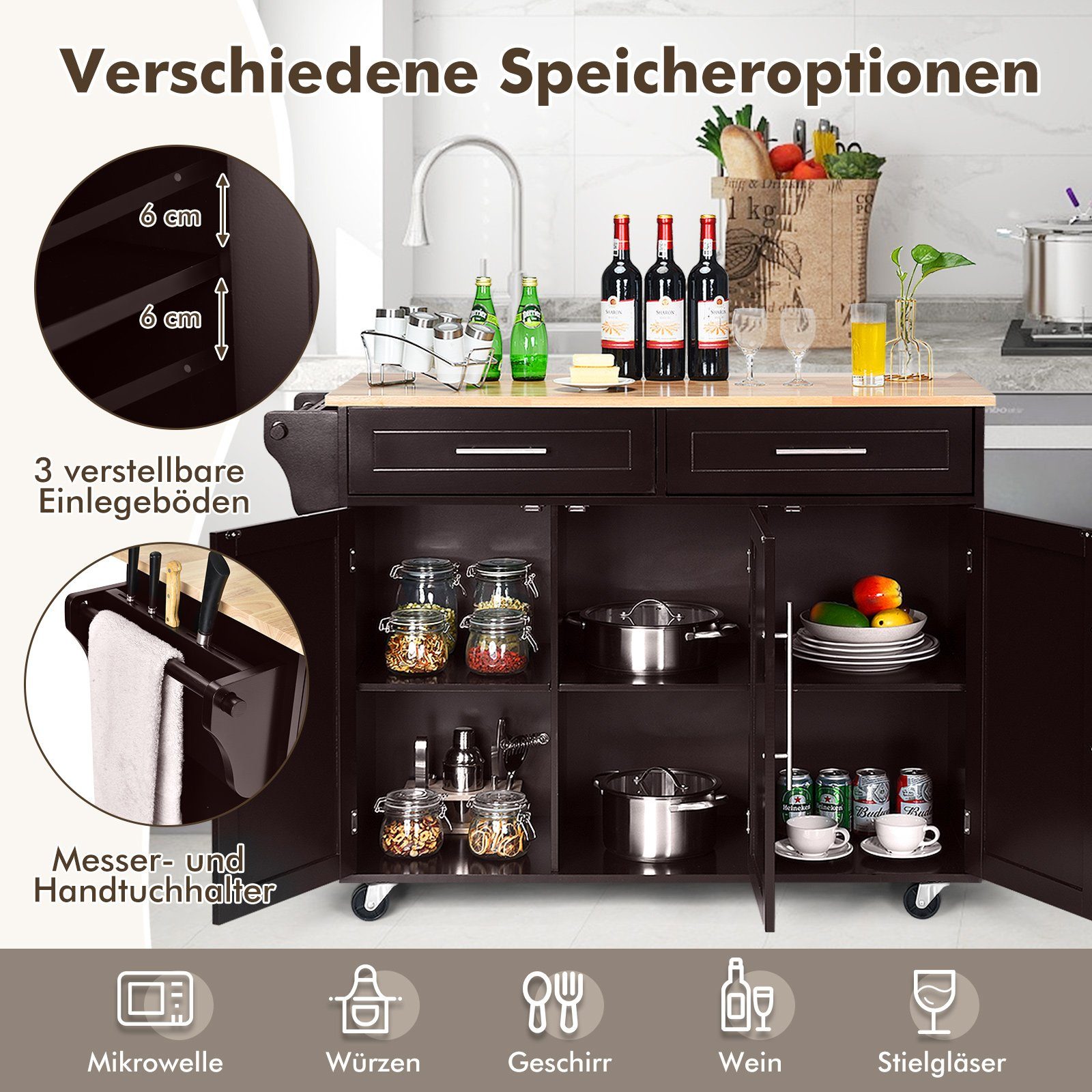 COSTWAY Küchenwagen, mit Arbeitsplatte, Schubladen & verstellbaren Regalen