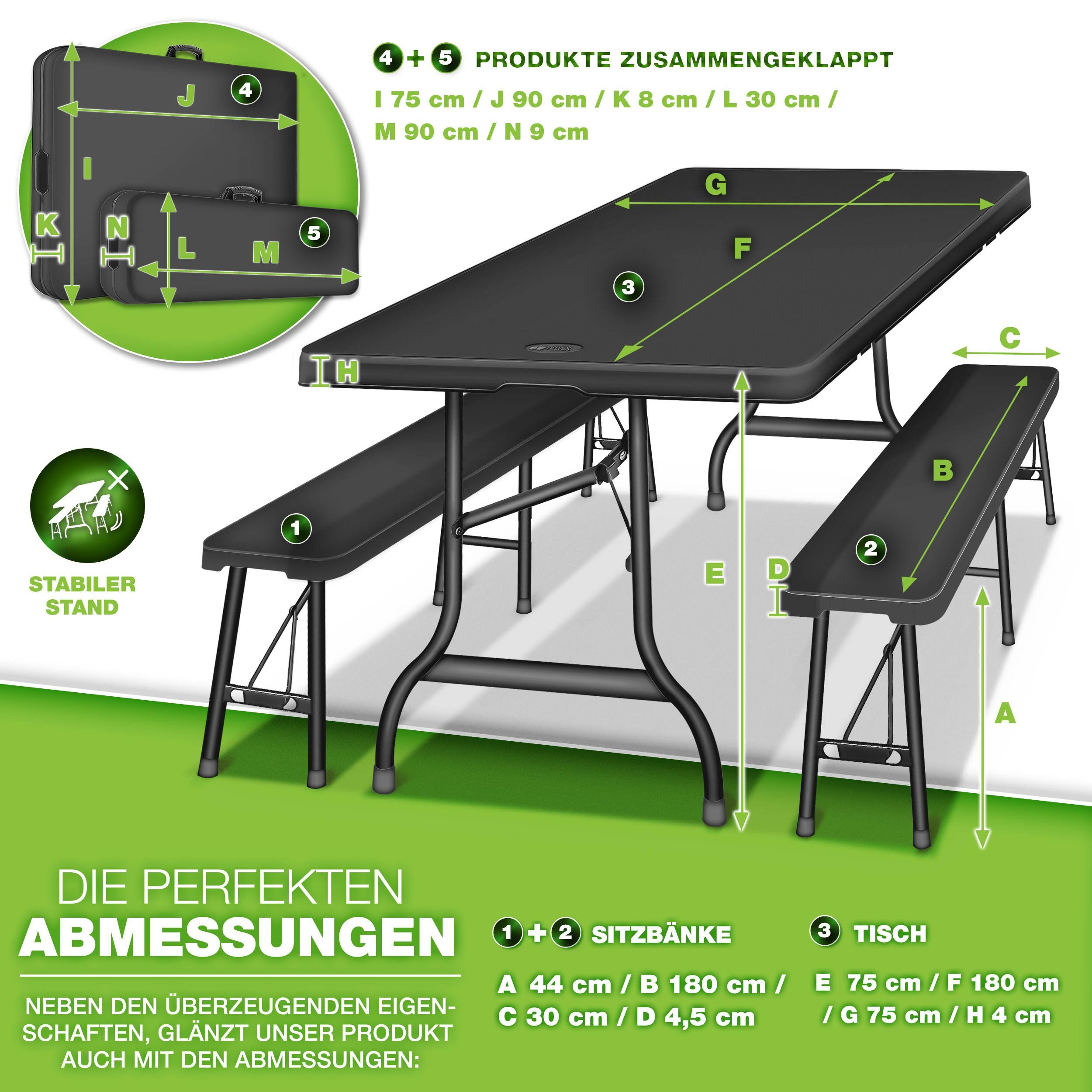 tillvex Bierzeltgarnitur klappbar 3-teilig Set Kunststoff Gartengarnitur wetterfest 180 cm, (Gartenmöbel Set Indoor & Outdoor mit Gartentisch und Bänken, Festzeltgarnitur)