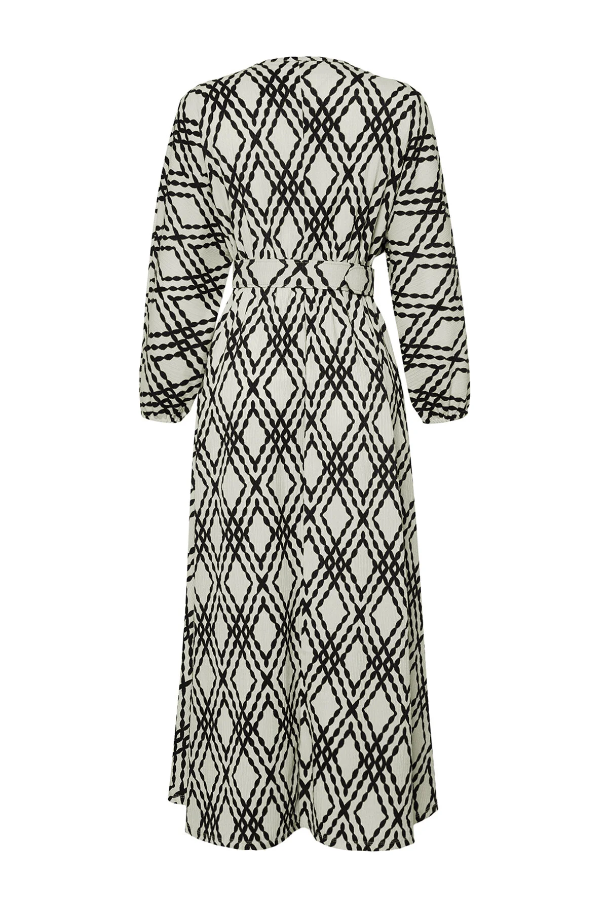 Trendyol Modest  Schwarzes, gemustertes Kleid aus Crinkle-Gewebe mit Gürteldetail TCTSS24EB00233