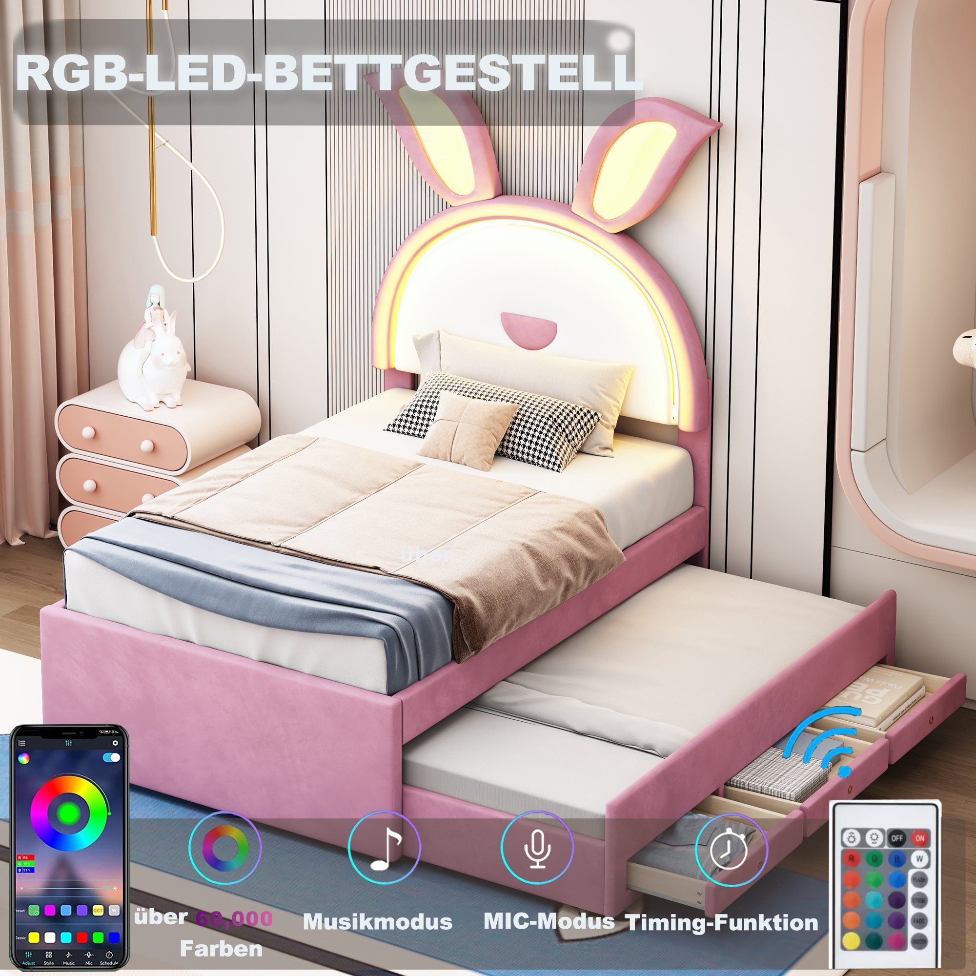 OKWISH Kinderbett Stauraumbett Gästebett Bett Polsterbett (Samtstoff Multifunktionales gepolstertes Einzelbett-Schlafsofa, mit ausziehbarem Bett, Stauraumschublade und farbwechselndem LED-Licht), ohne Matratze, 90 x 200 cm