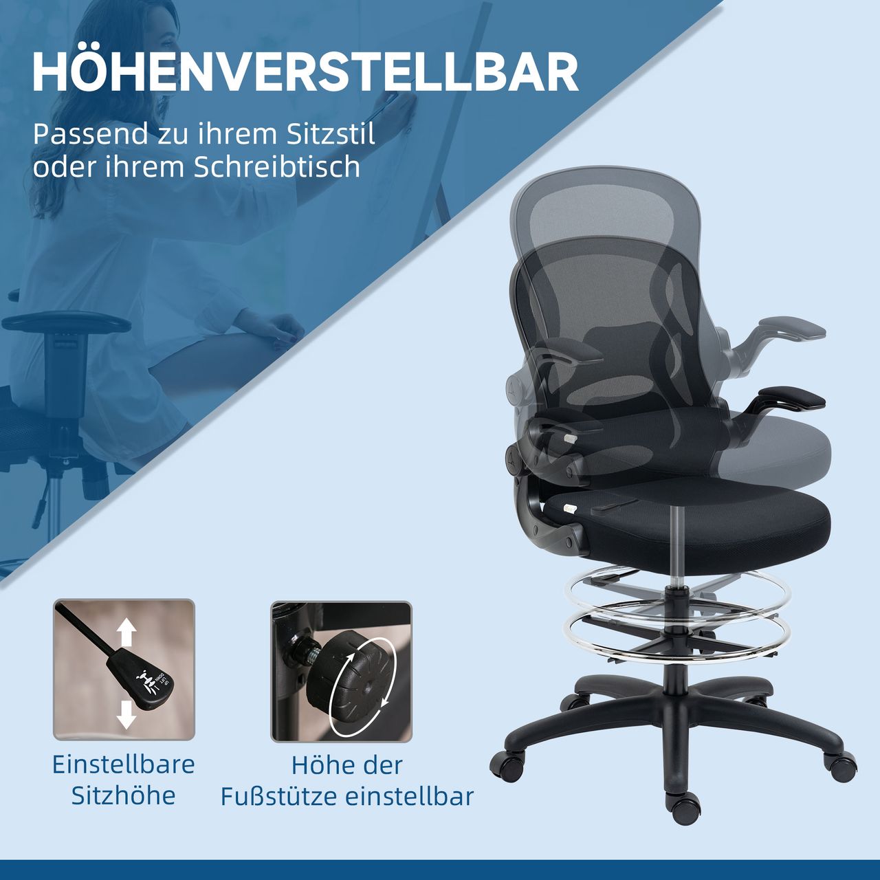 Vinsetto Zeichenstuhl, Höhenverstellbarer Bürostuhl, Ergonomischer Drehstuhl