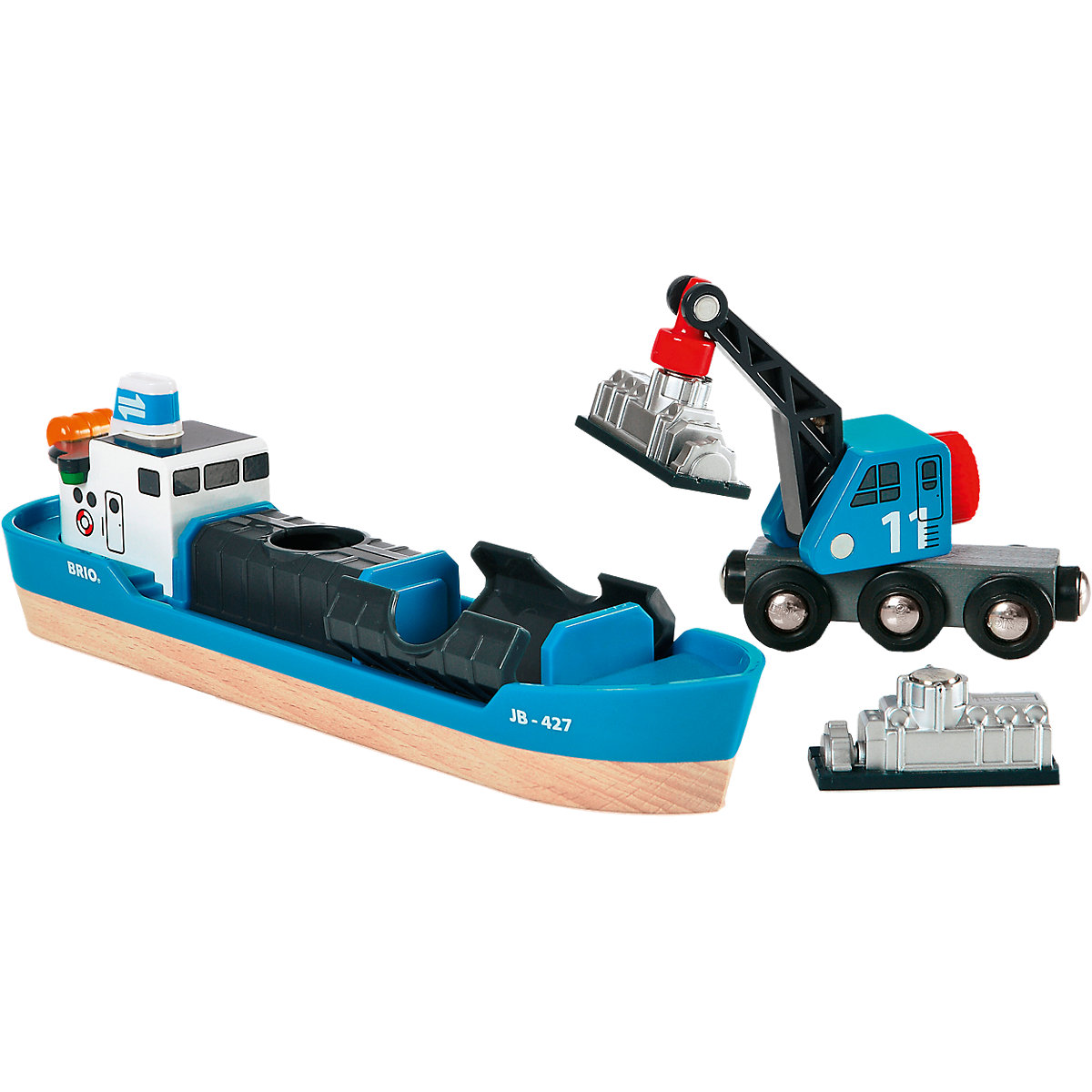 Containerschiff mit Kranwagen