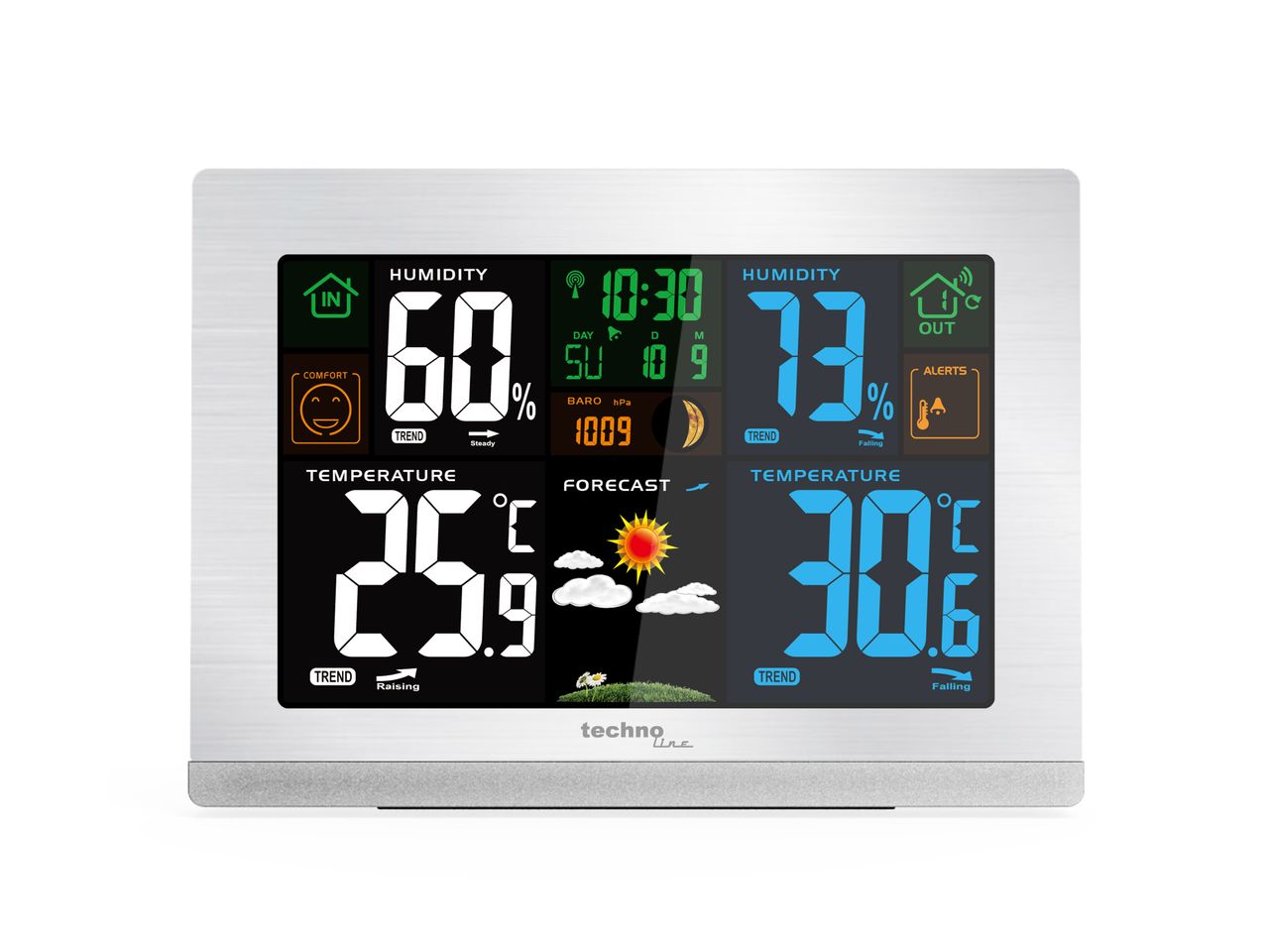 Technoline WS 6462 Funkwetterstation, Innentemperatur, Außentemperatur, Luftfeuchte, Luftdruck, Tendenzanzeige, Taupunkt, Farbdisplay, Funkuhr, Mondphasen, silber,quer