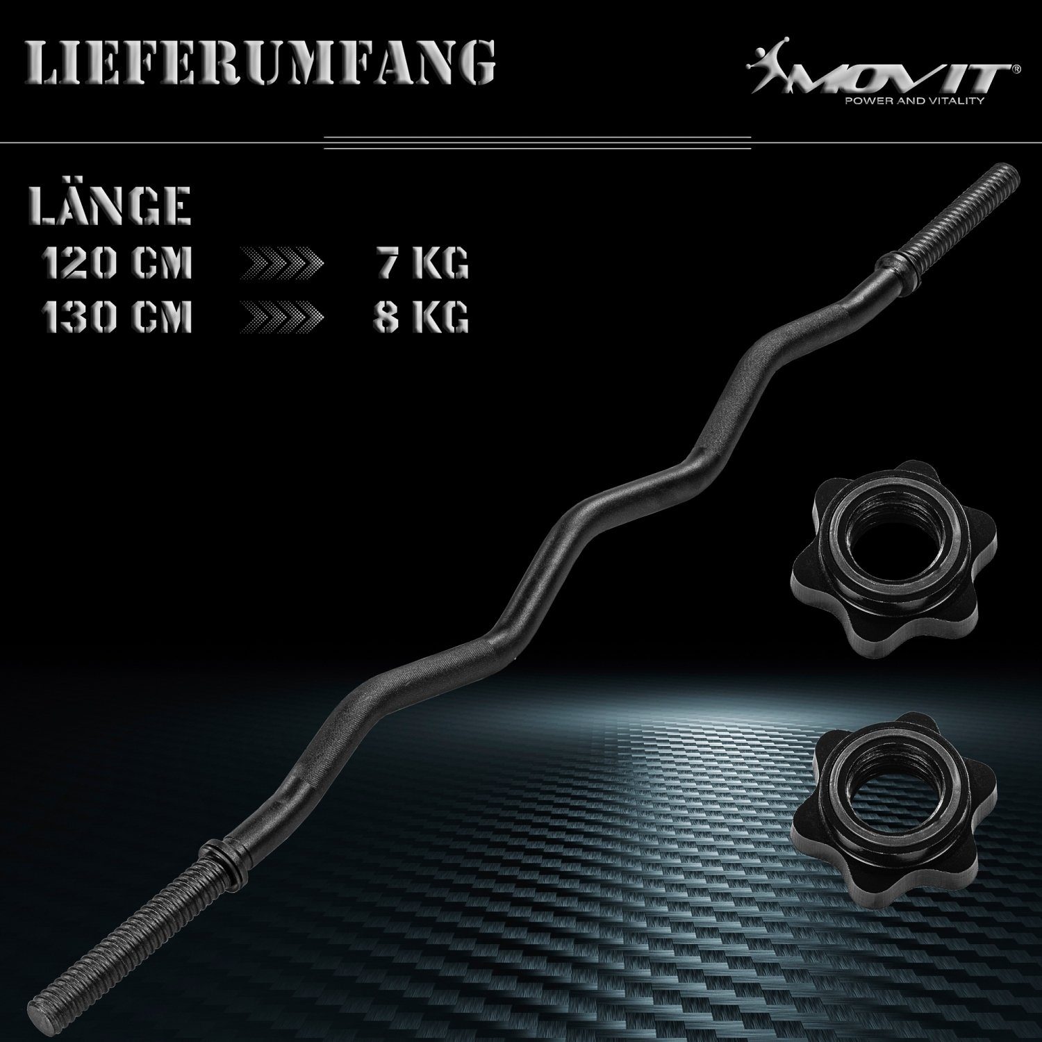 MOVIT Curlstange Profi SZ Curlstange, 30mm Hantelstange, Stahl, (SZ Stange), Auswahl: 120cm (7kg) o. 130cm (8kg), Farben in Schwarz oder Chrom