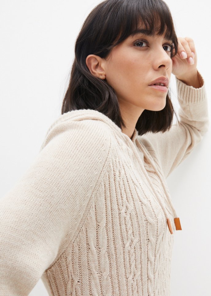 Kapuzen-Strickkleid mit Zopfmuster
