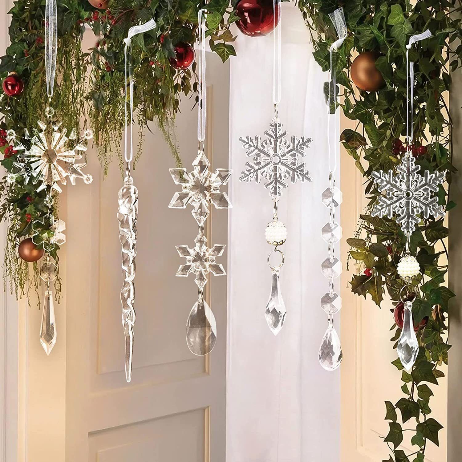 Lamon Christbaumschmuck 10 Stück Weihnachtsbaumschmuck Kristallornamente, hängende Weihnachtsschneeflocken Eiszapfen Tropfen