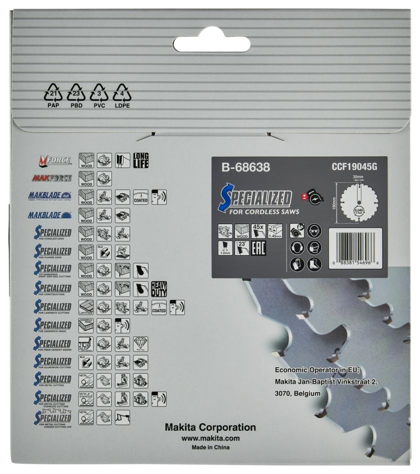 Makita B-68638 körfűrészlap fa Efficuthoz 190 x 30 x 1,45 45T tartozékok