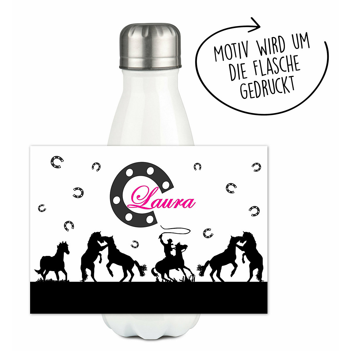 Edelstahl Kinder Thermoflasche / Trinkflasche bunt Pferd-Cowboy schwarz Spülmaschinenfest, Auslaufsicher, Bruchfest, Doppelwandig, Für Heißgetränke geeignet, Mit Deckel, Isoliert