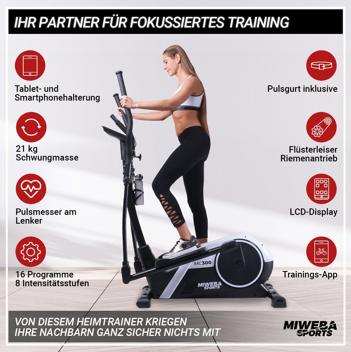Miweba Sports Ellipsentrainer Profi Crosstrainer MC300 inkl. Pulsgurt - 21 kg Schwungmasse (8 Intensitätsstufen, 16 Trainings Programme, Cardio, Fitnessgerät, Sportgerät, verstellbar, 1-tlg., iConsole, Kinomap, FitHiWay App, großes LCD Display, Table