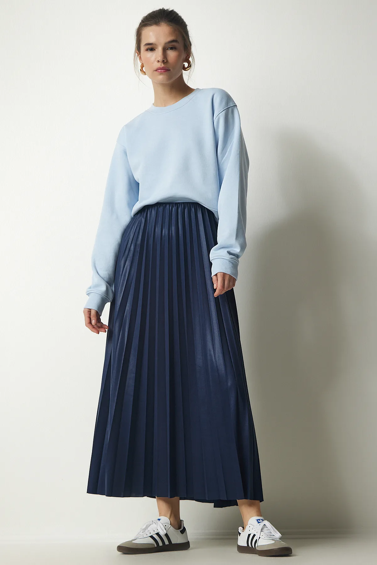 Happiness İstanbul  Marineblauer, langer Plisseerock für Damen LJ00001