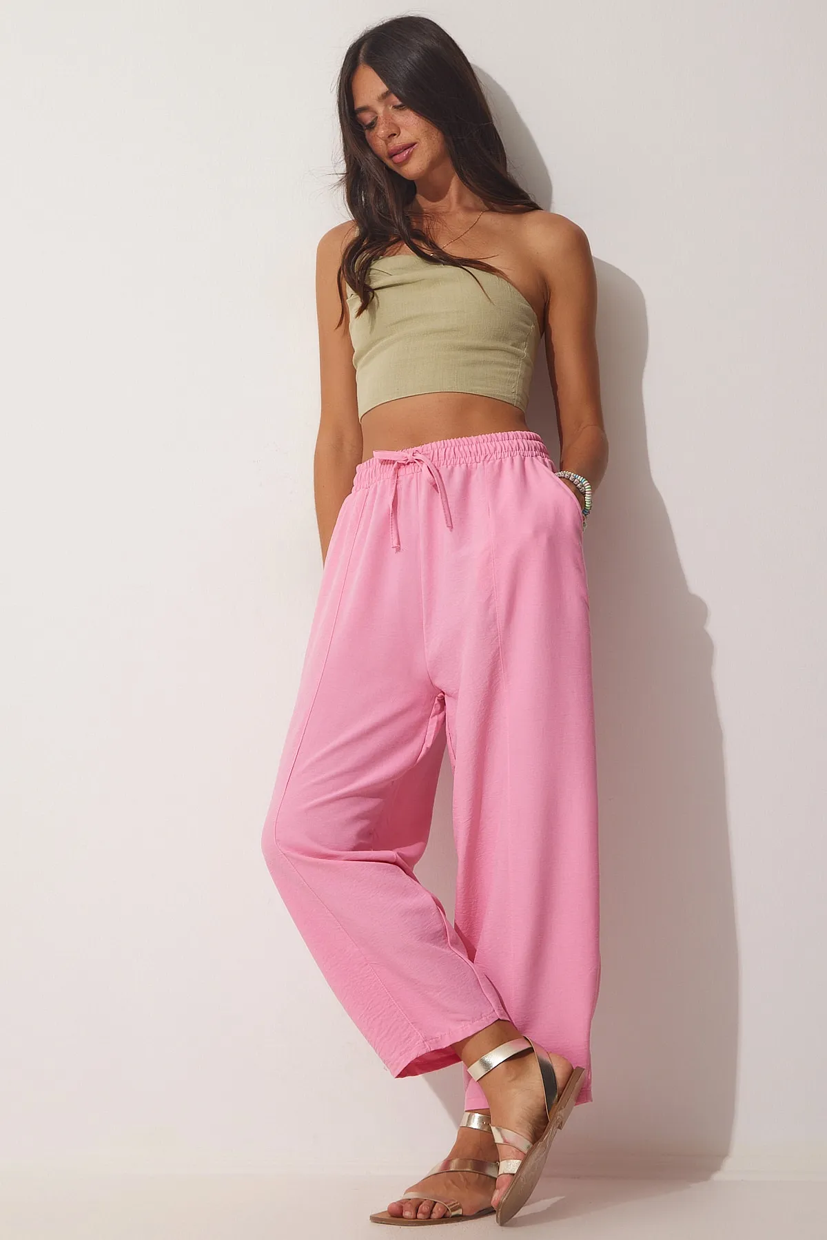Happiness İstanbul  Rosa Leinen-Shalwar-Hose für Damen DZ00081