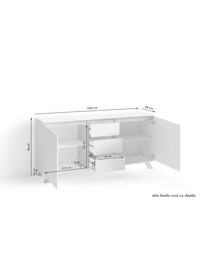 byLiving Sideboard VALENTIN in Weiß/Eiche-Optik - (B) 160 x (H) 76 x (T) 38 cm günstig kaufen onesize