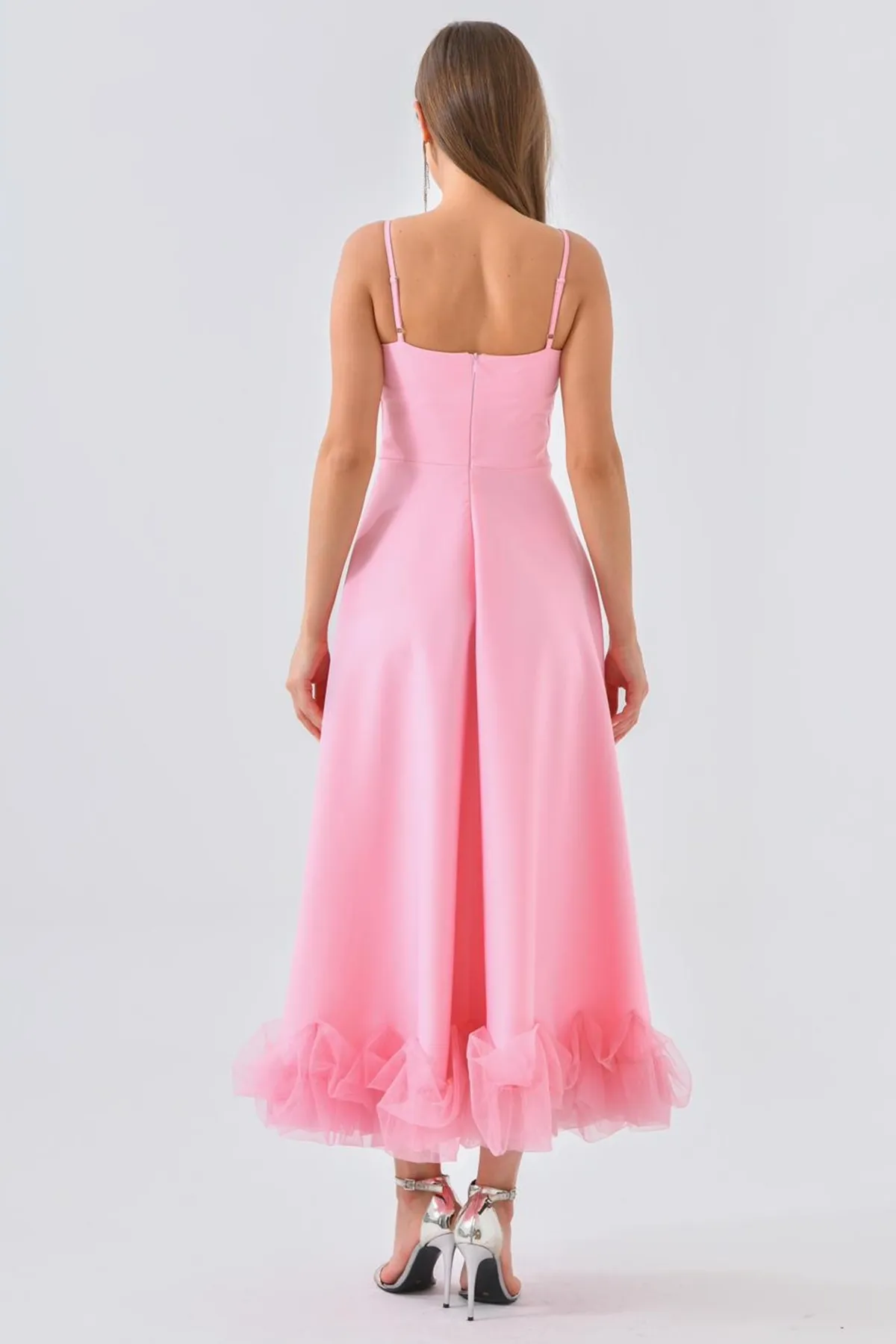 lovebox  Ausgestellter Rock aus Baumwollatlasgewebe mit dünnen Trägern und Tülldetail, mittellanges rosa Abendkleid 9326