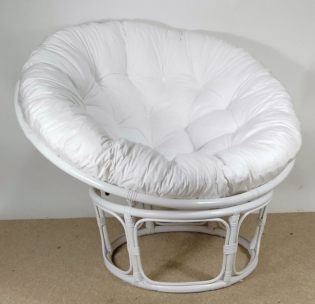 Rattani Rattanstuhl Rattan Papasan Sessel inkl. hochwertigen Polster D 110 cm weiß lack