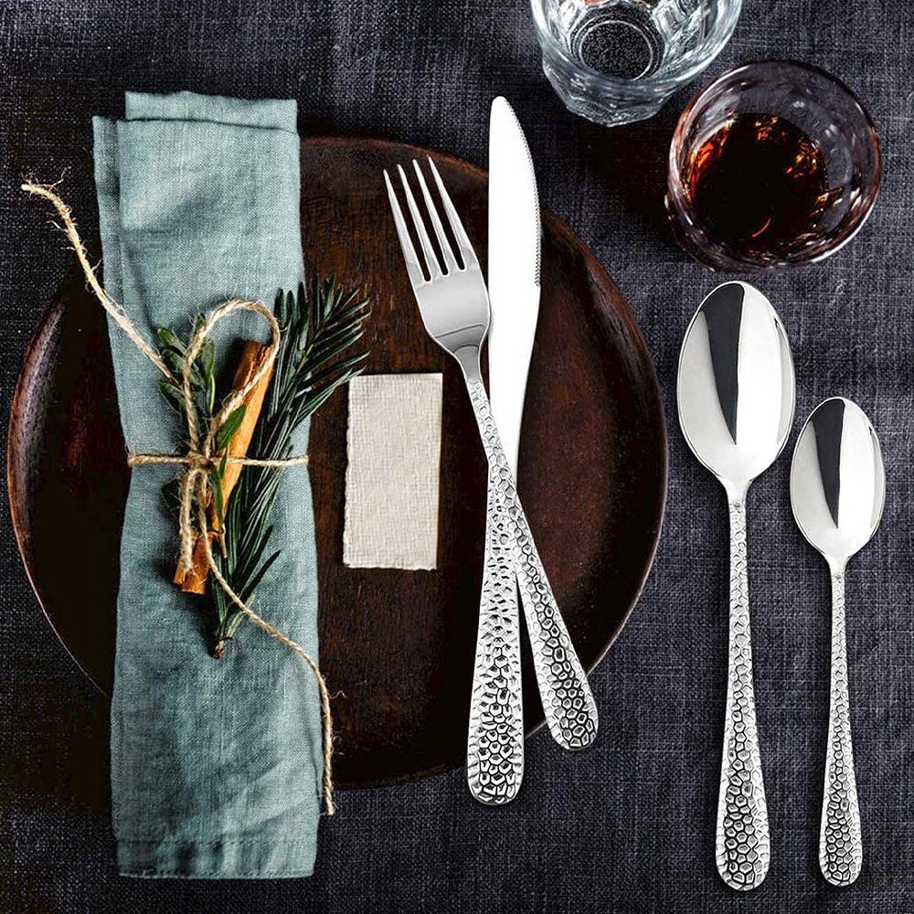 AKKEE Besteck-Set 30-teilig Besteckset Edelstahl Essbesteck für 6 Personen, mit Messer Gabel Löffel, Gehämmertes Tafelbesteck für Haushalt/Küche