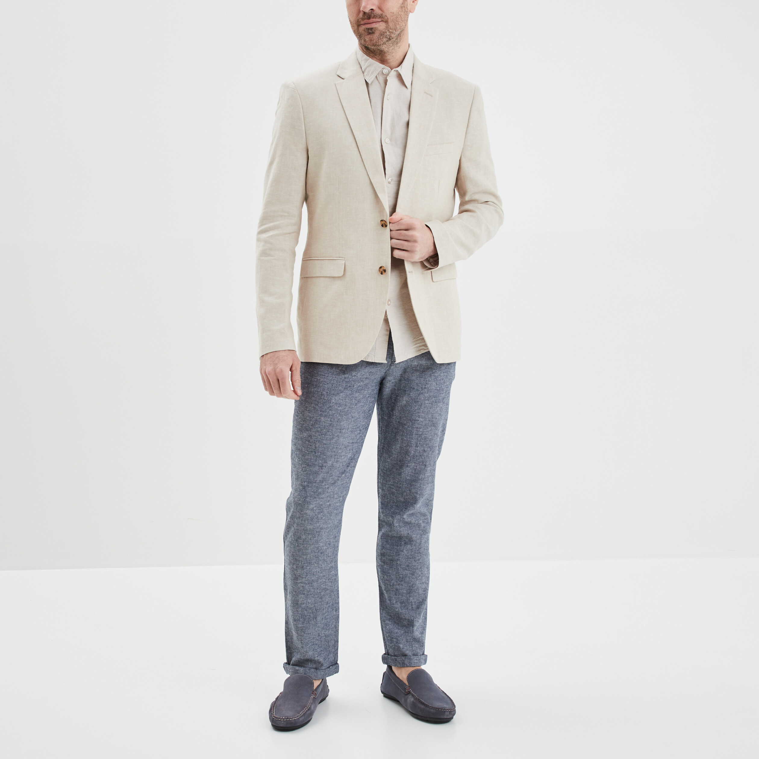 Veste esprit blazer droite courte en lin ecru homme | La Halle