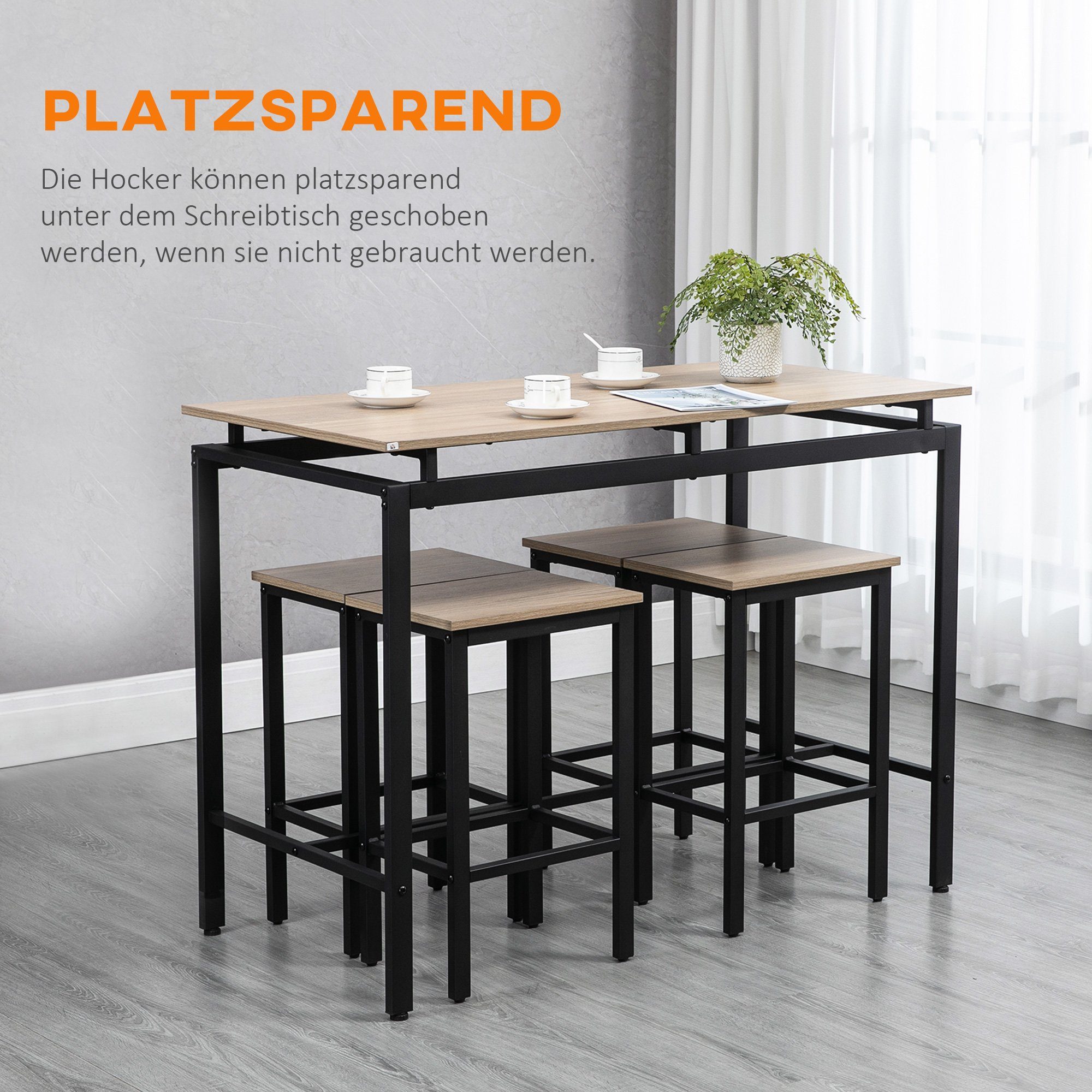 HOMCOM Bartisch Bartisch, Barhocker, 5-tlg. Set, Industrial Design, 120 x 60 x 90cm