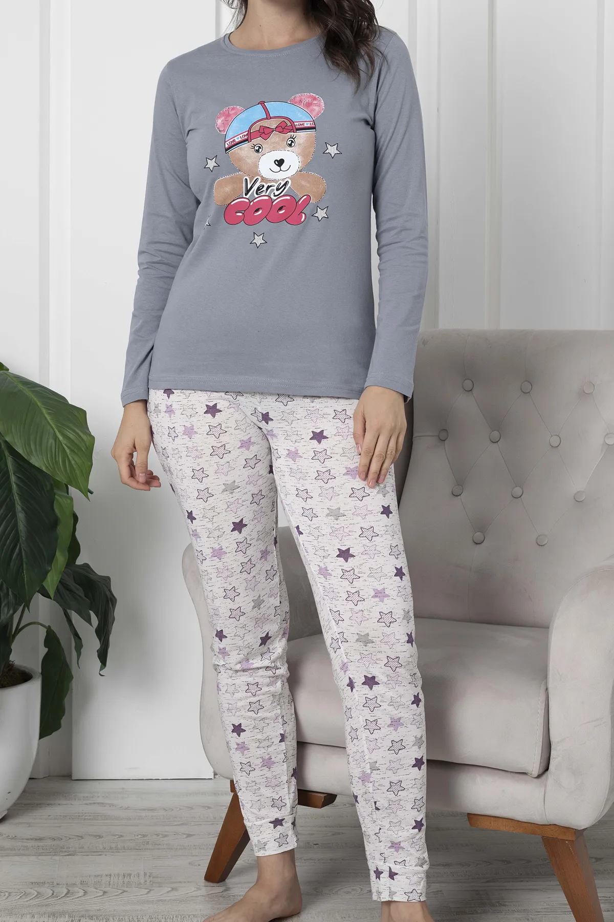 Lady Secret  Damen-Pyjama-Set mit langen Ärmeln, Baumwolle, GRAU