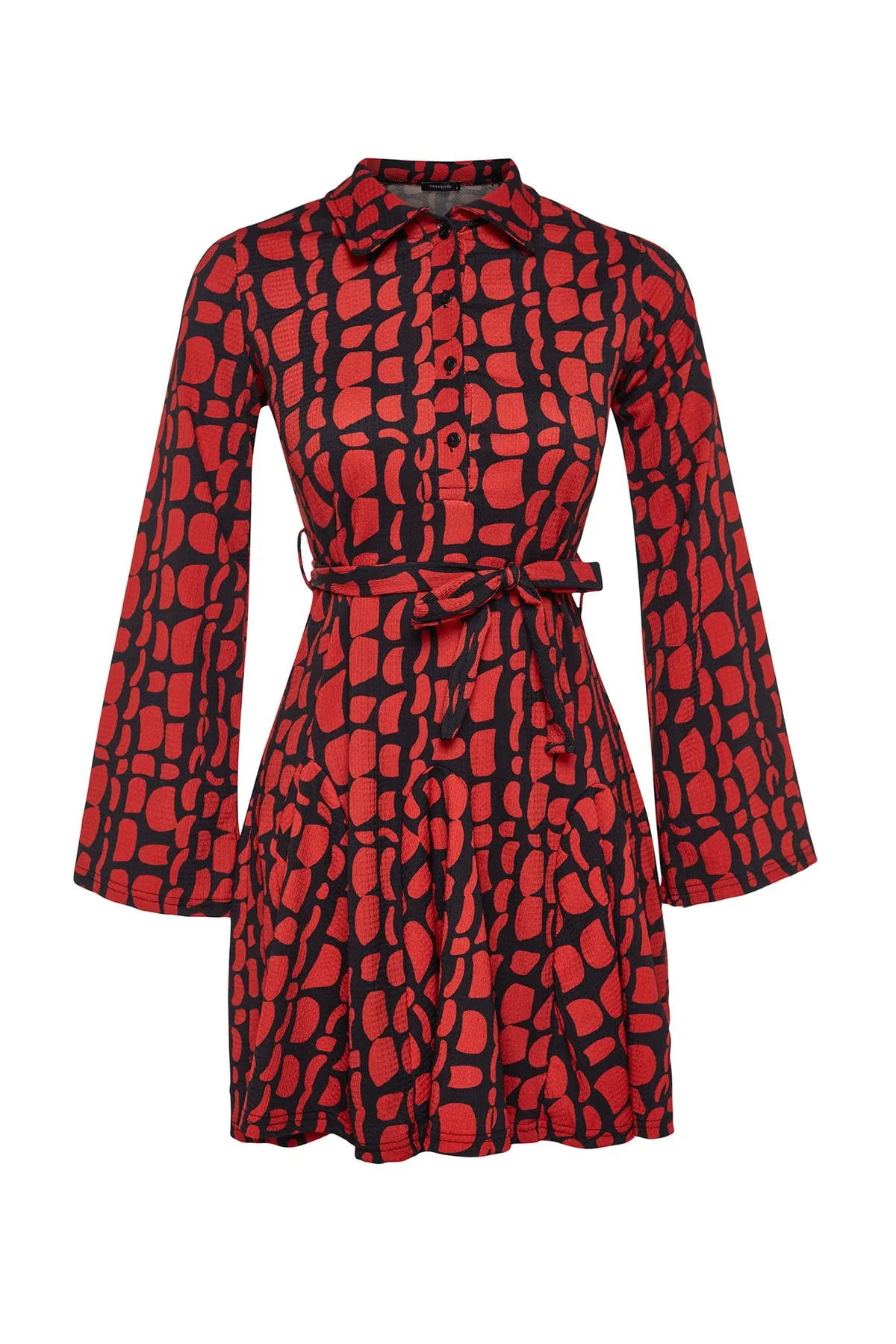 Trendyol Collection  Burgunderfarbenes Mini-Strickkleid mit Wickel-/strukturiertem Print, Rollkragen und Taillengürtel TWOAW24EL00351