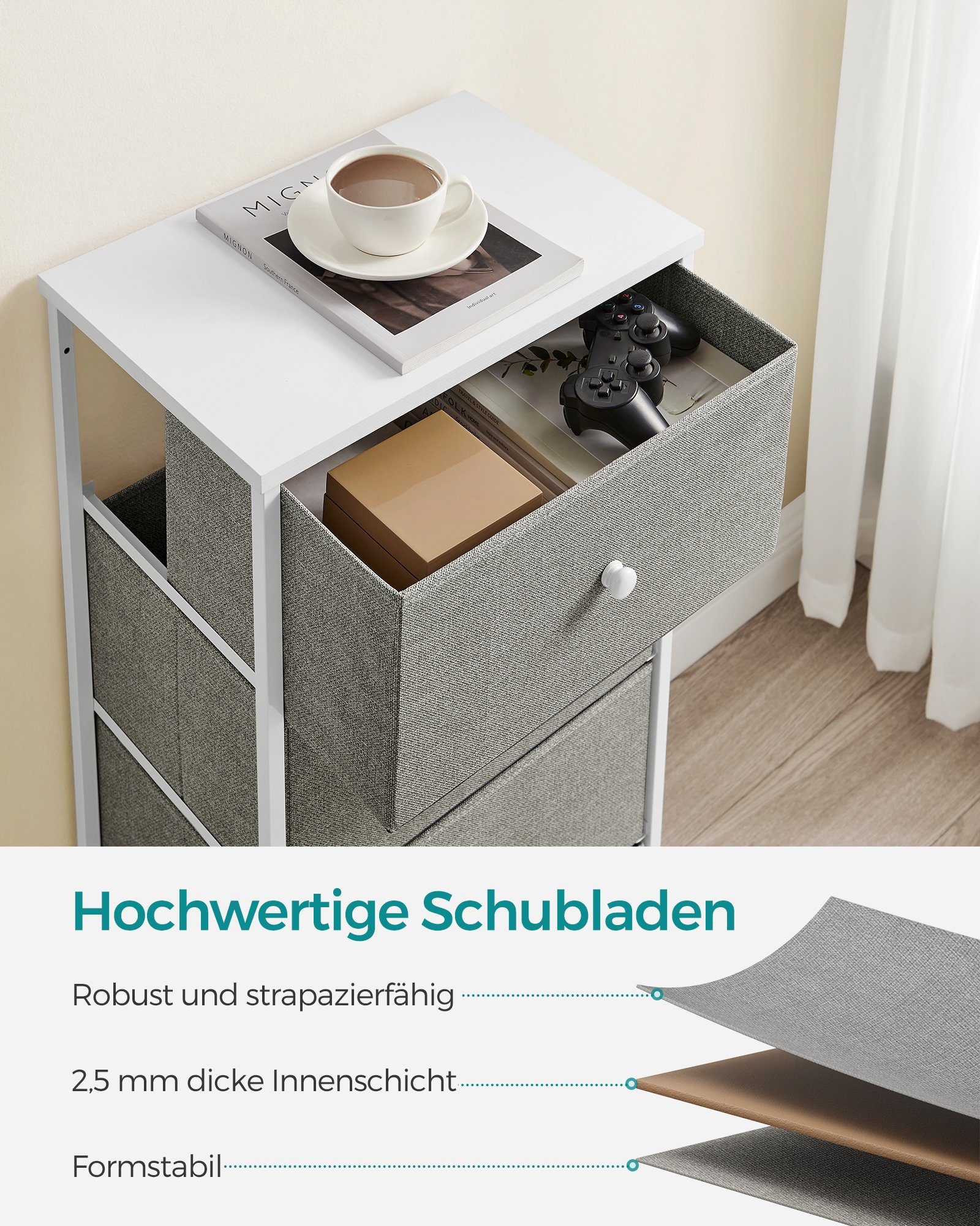 SONGMICS Kommode, Aufbewahrungsschrank mit 4 Stoff-Schubladen