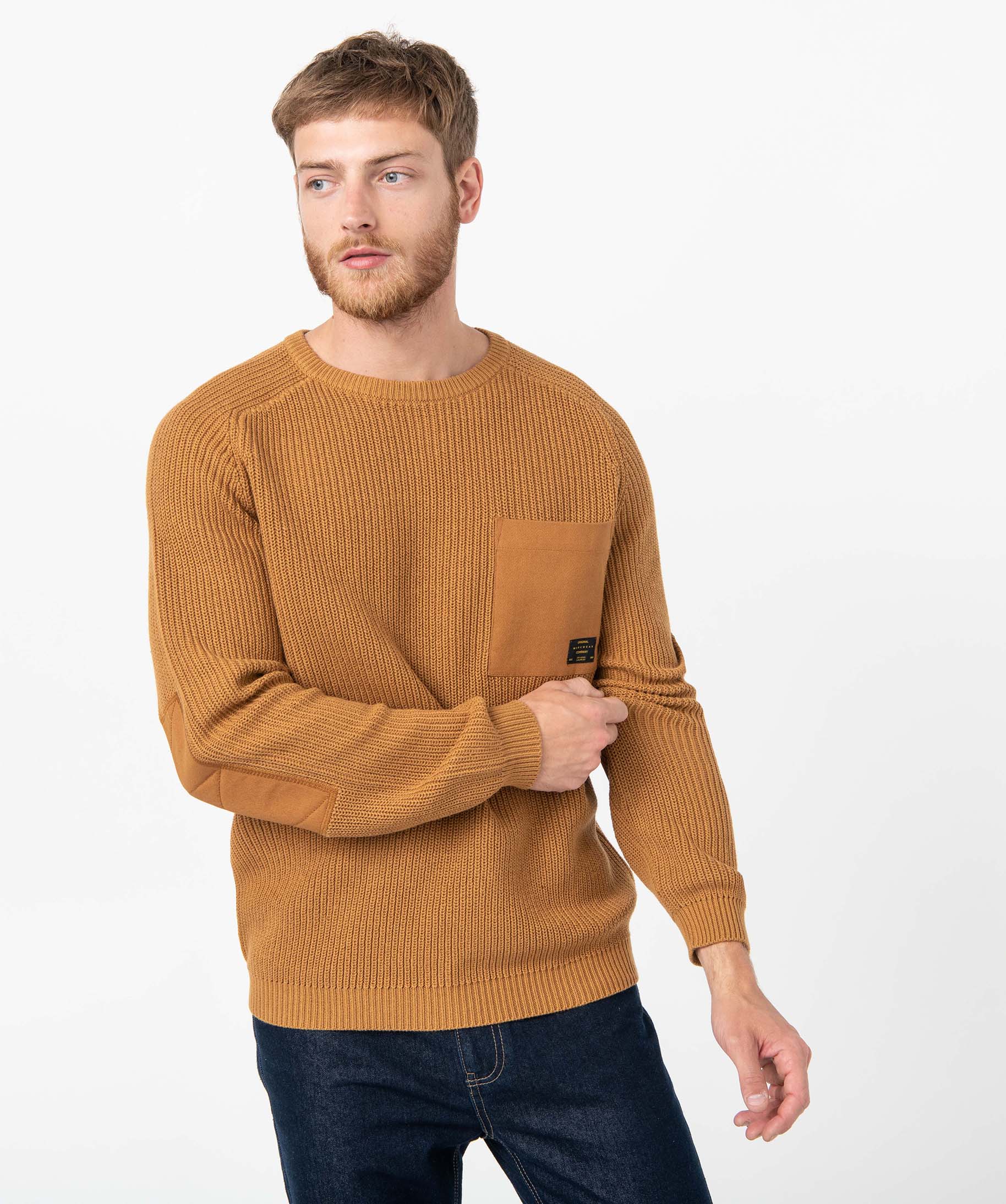 Pull homme uni en grosse maille avec empiècements marron | GEMO