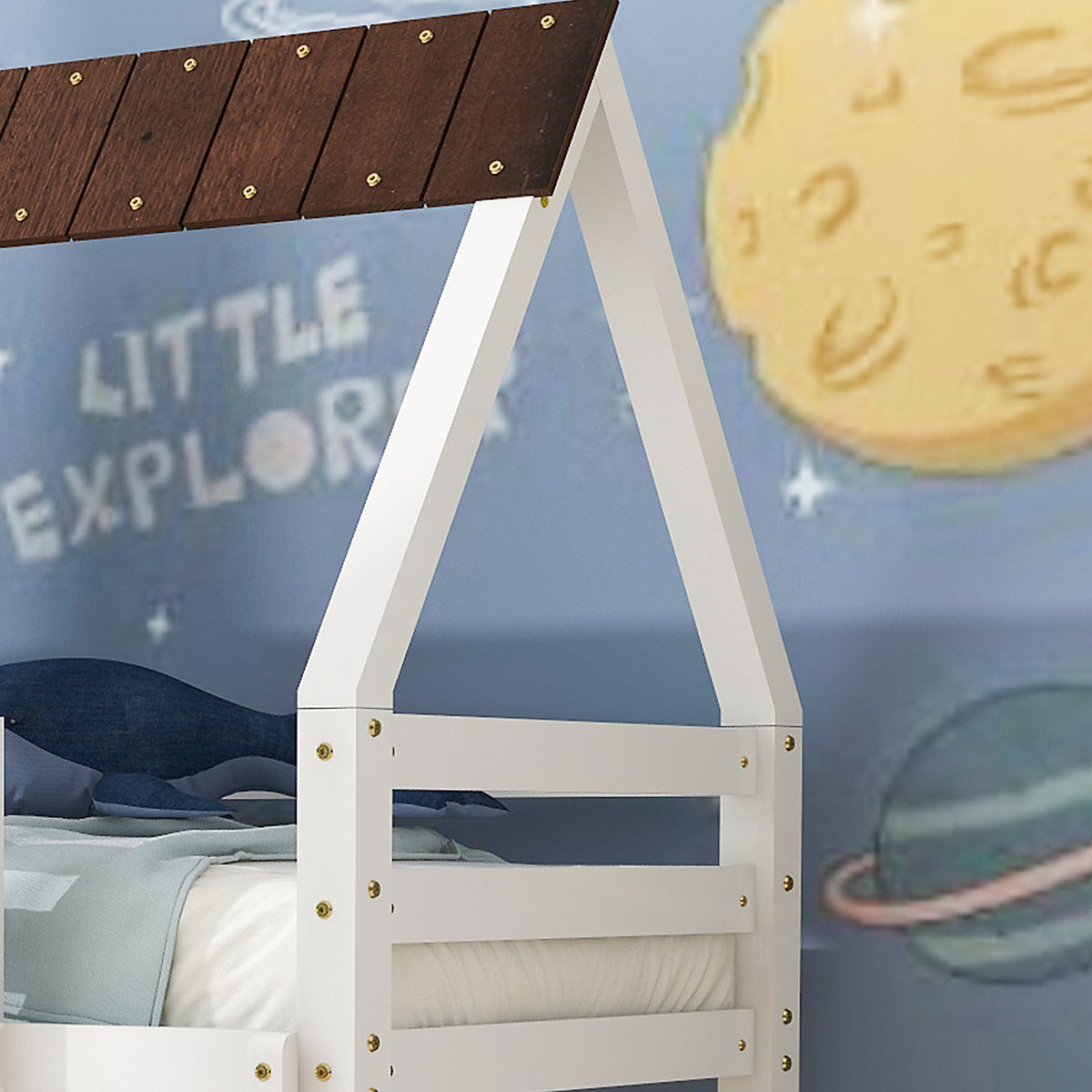 Hausbett Etagenbett mit rechtwinkliger Leiter und Fallschutz, aus Kiefernholz