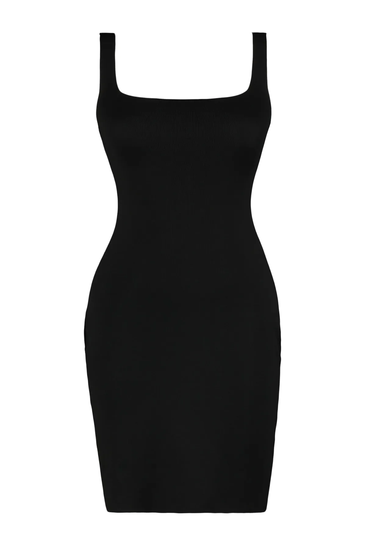 Trendyol Curve  Schwarzes, figurbetontes, dünnes Strickkleid mit Riemchenmuster TBBAW23AH00024